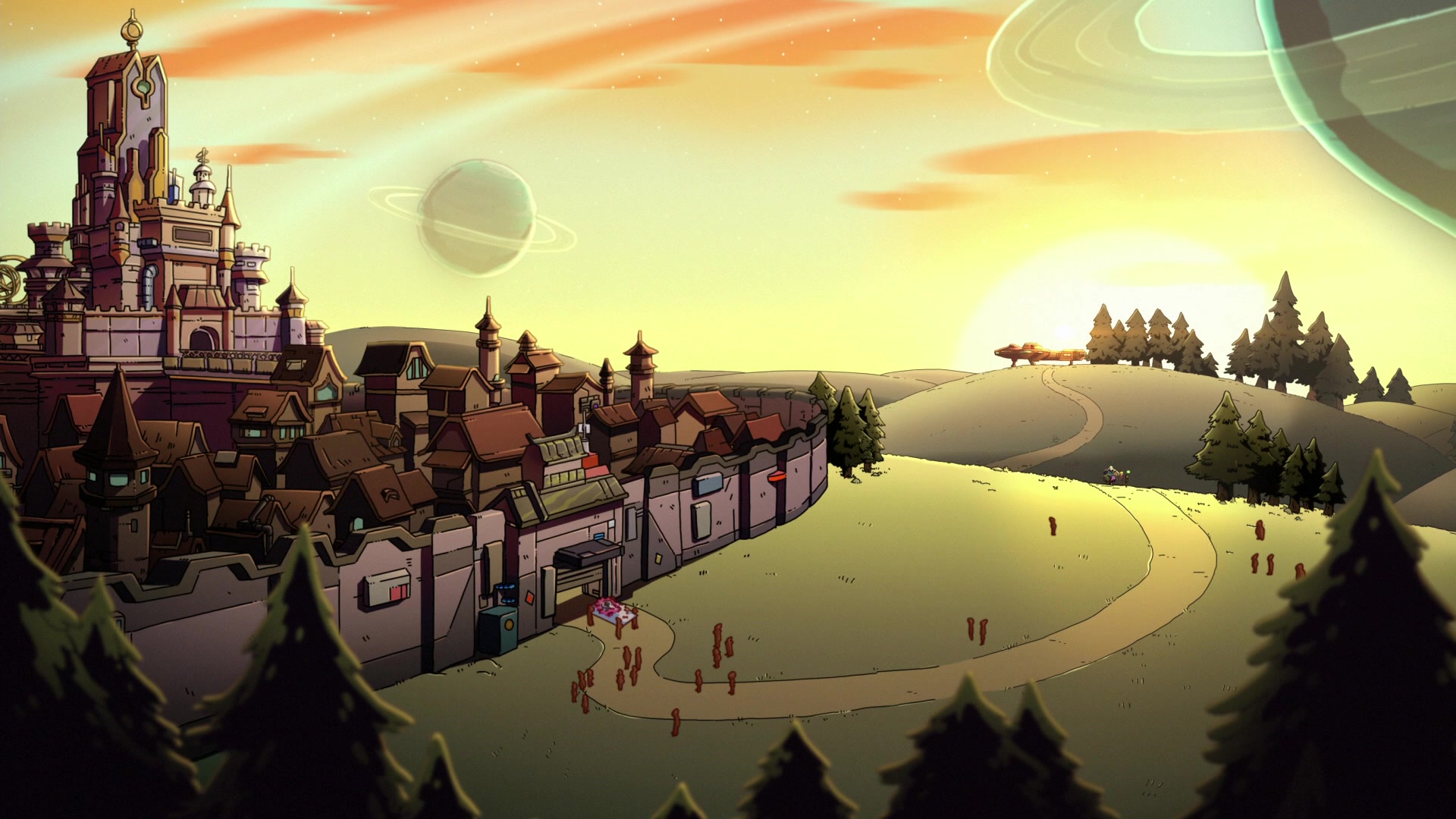 Castle and town on an alien planet at sunset HD Wallpaper