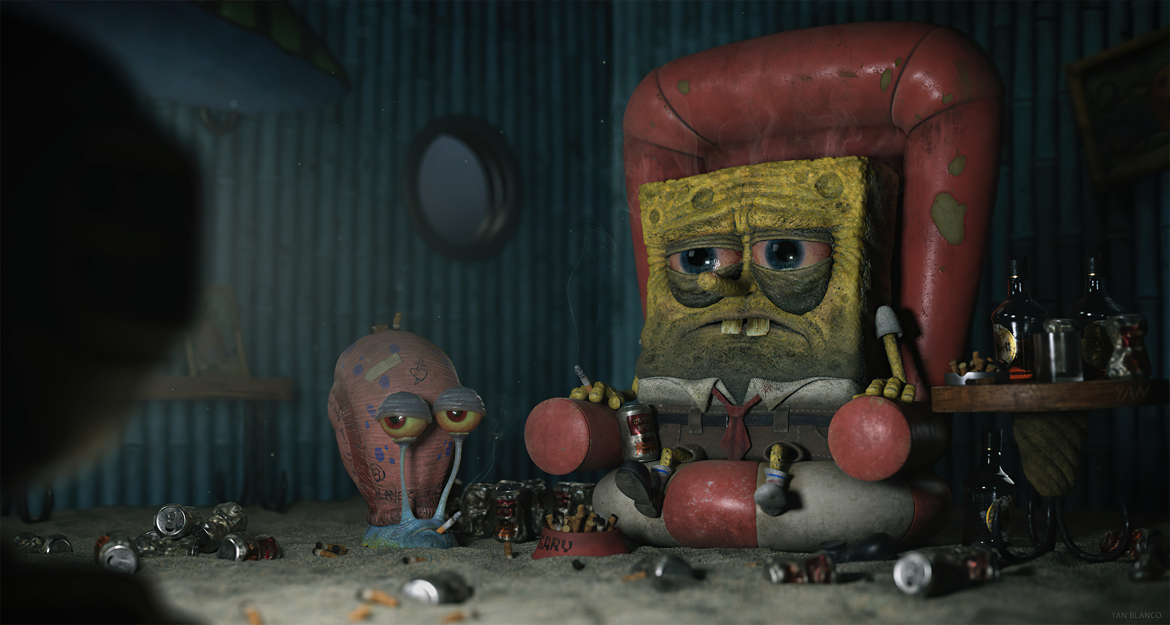 SpongeBob and Gary in a dimly lit room HD Wallpaper