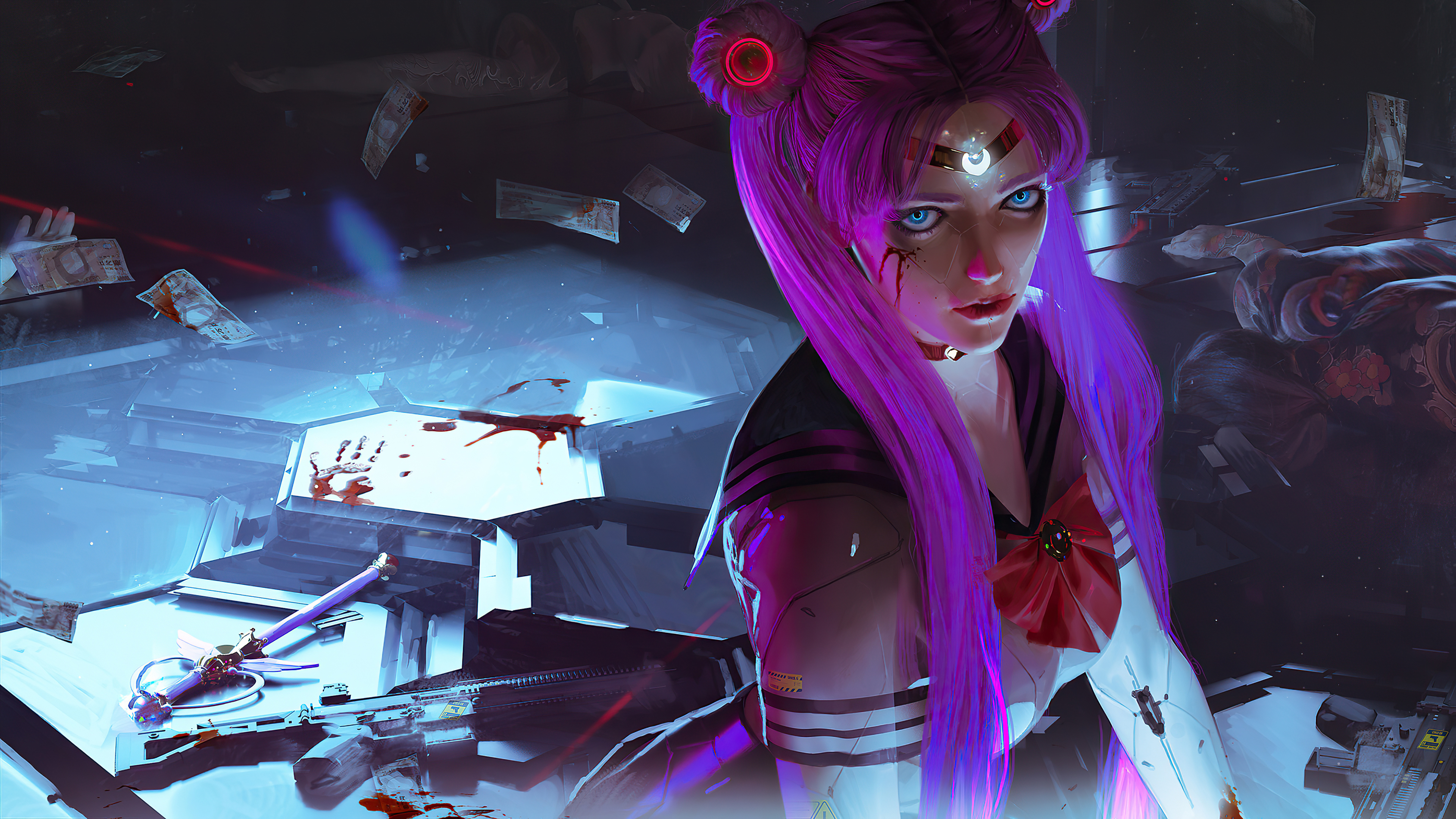 Cyberpunk Sailor Moon with Purple Hair and Blue Eyes 4K HD Wallpaper
