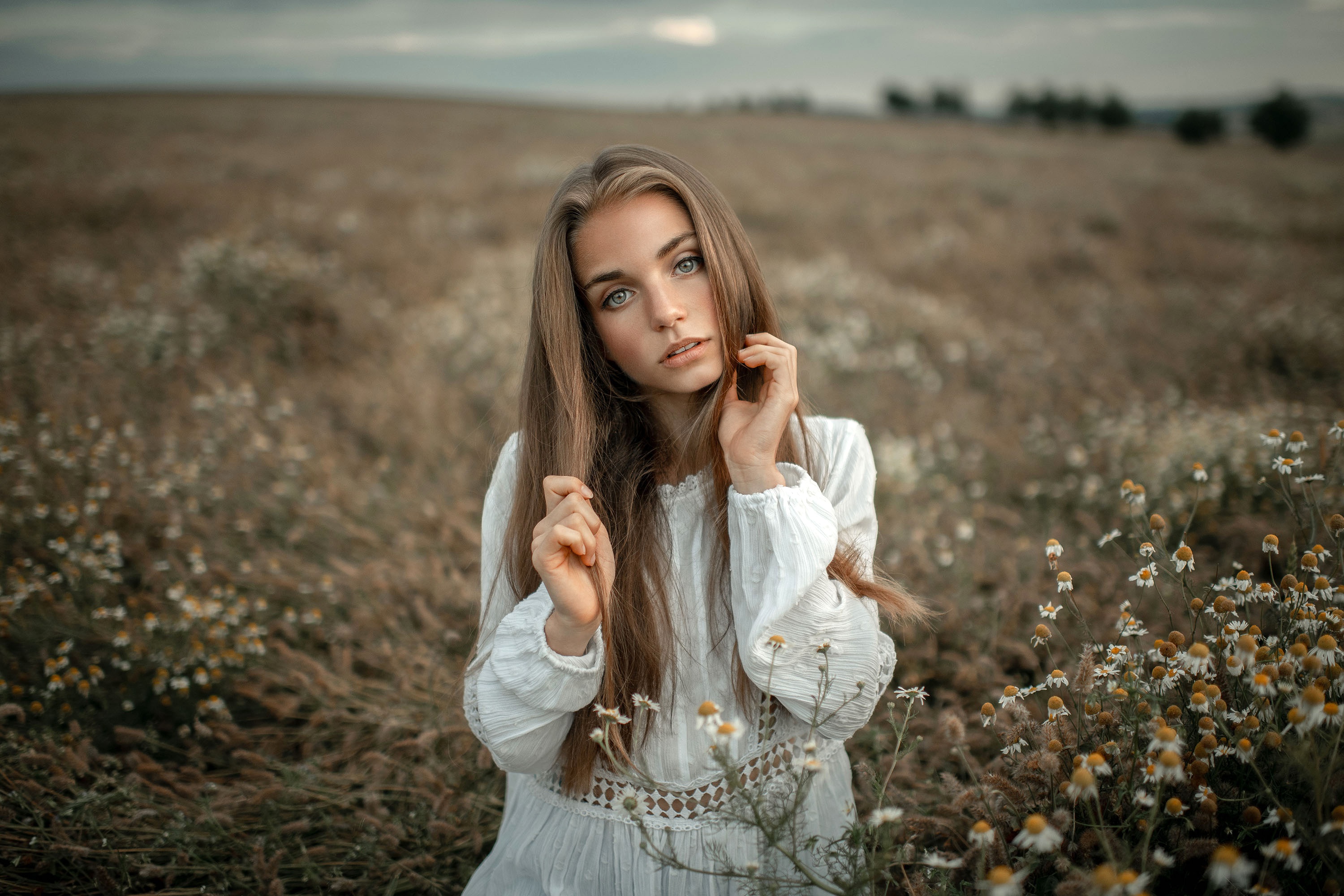 Woman with long brown hair in a field HD Wallpaper
