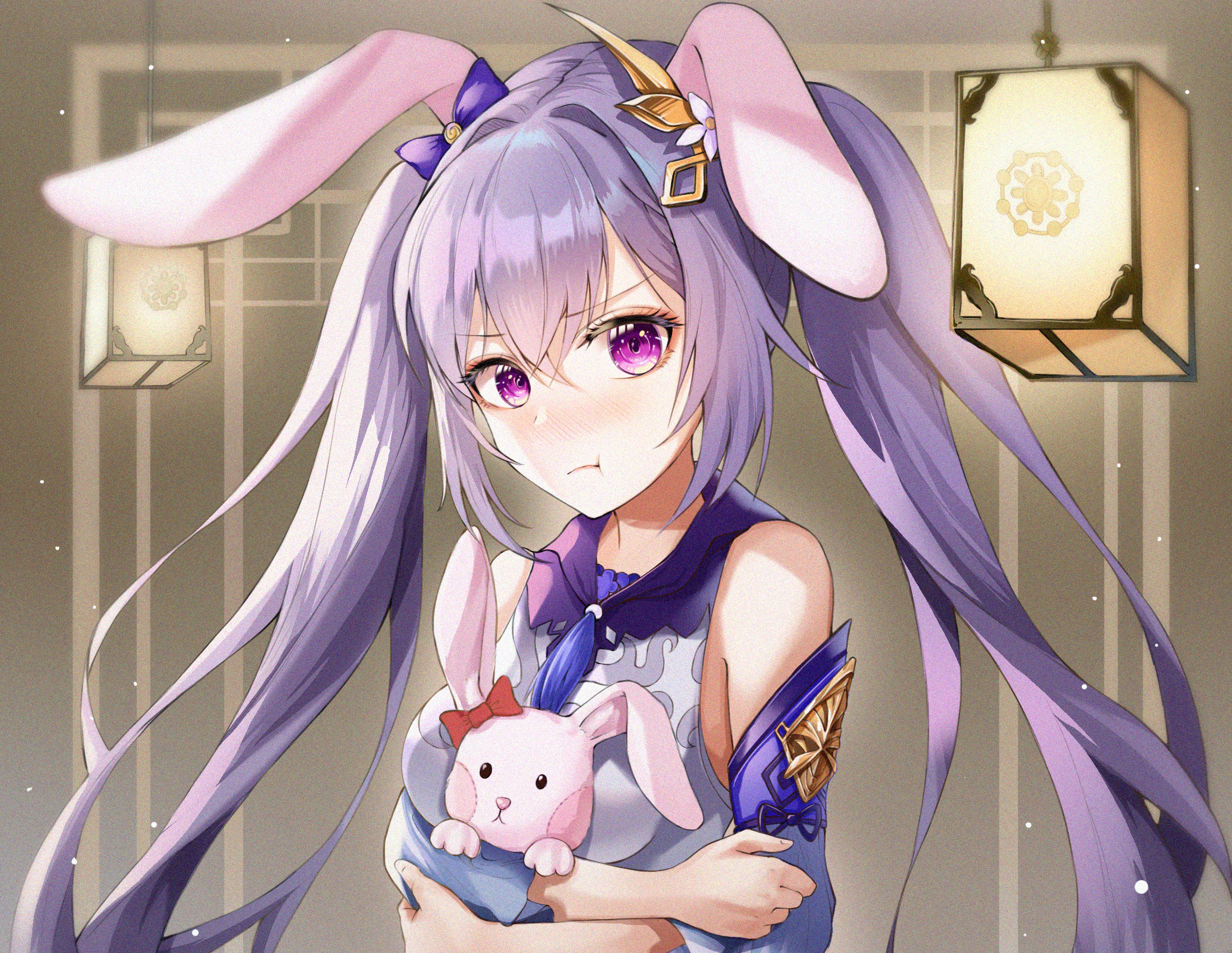 Keqing from Genshin Impact holding a plush toy HD Wallpaper