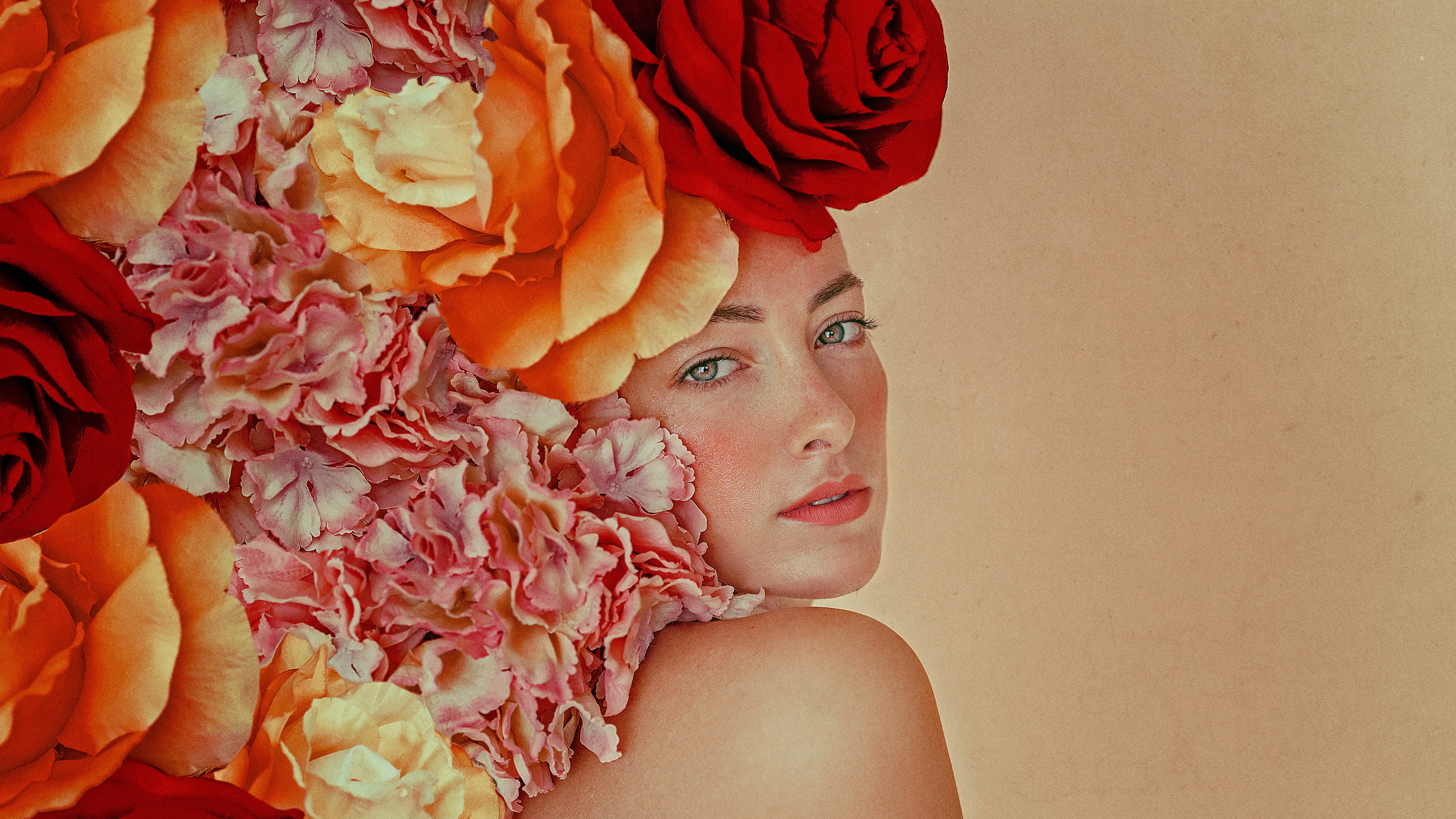 Woman with Flowers in Hair HD Wallpaper