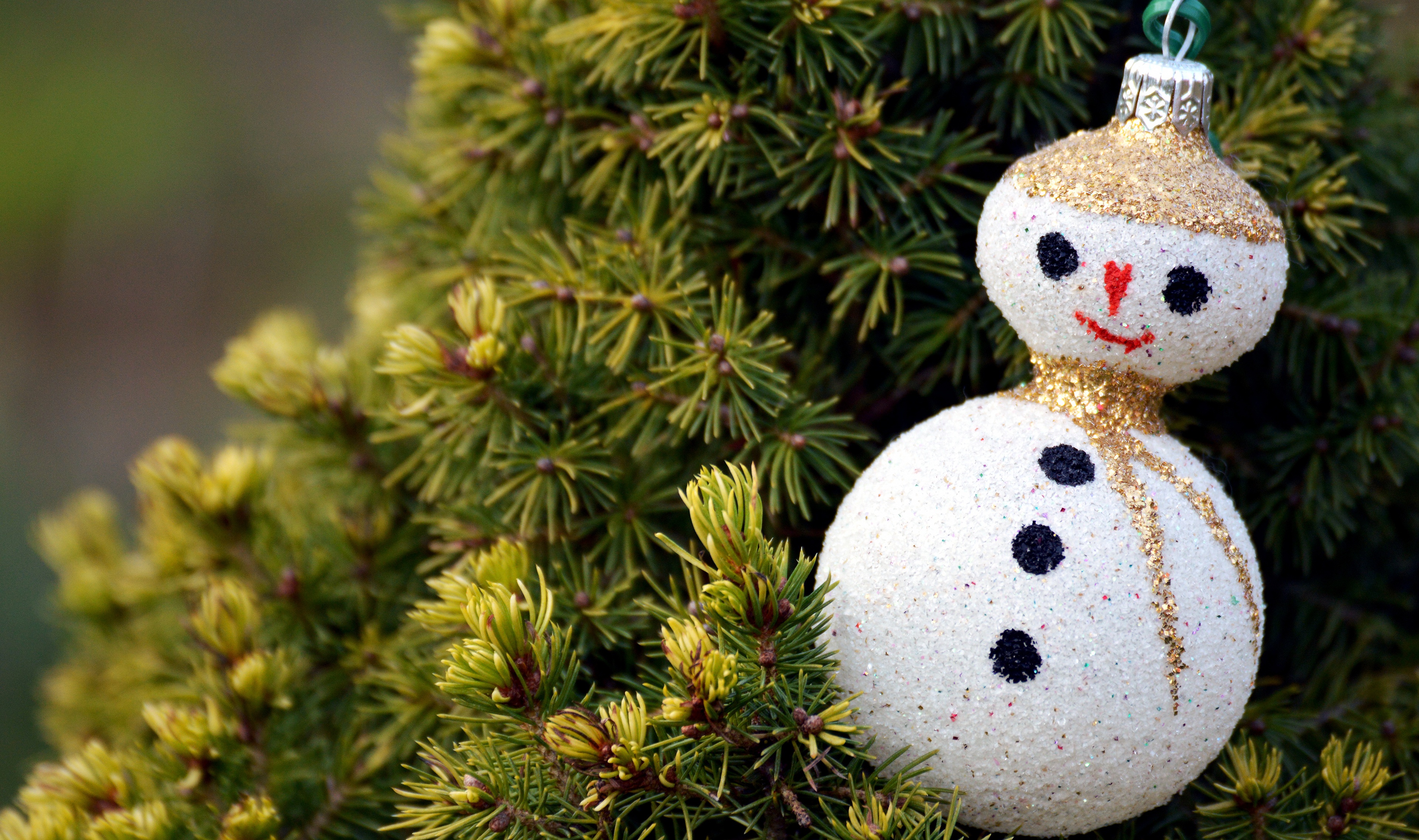 Christmas Snowman Ornament on Pine Tree HD Wallpaper