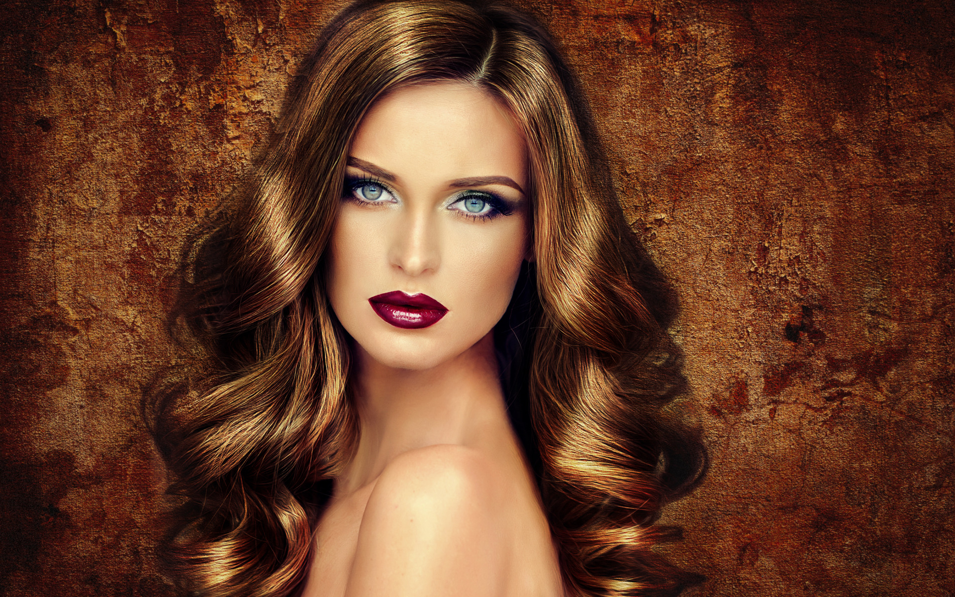Model with Blue Eyes and Dark Red Lipstick HD Wallpaper