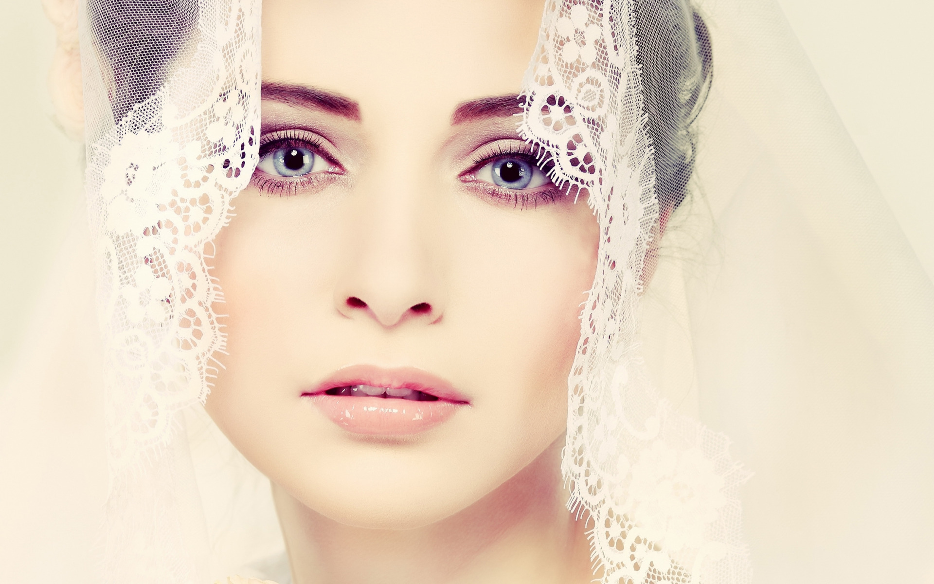 Bride with Blue Eyes and Lace Veil HD Wallpaper