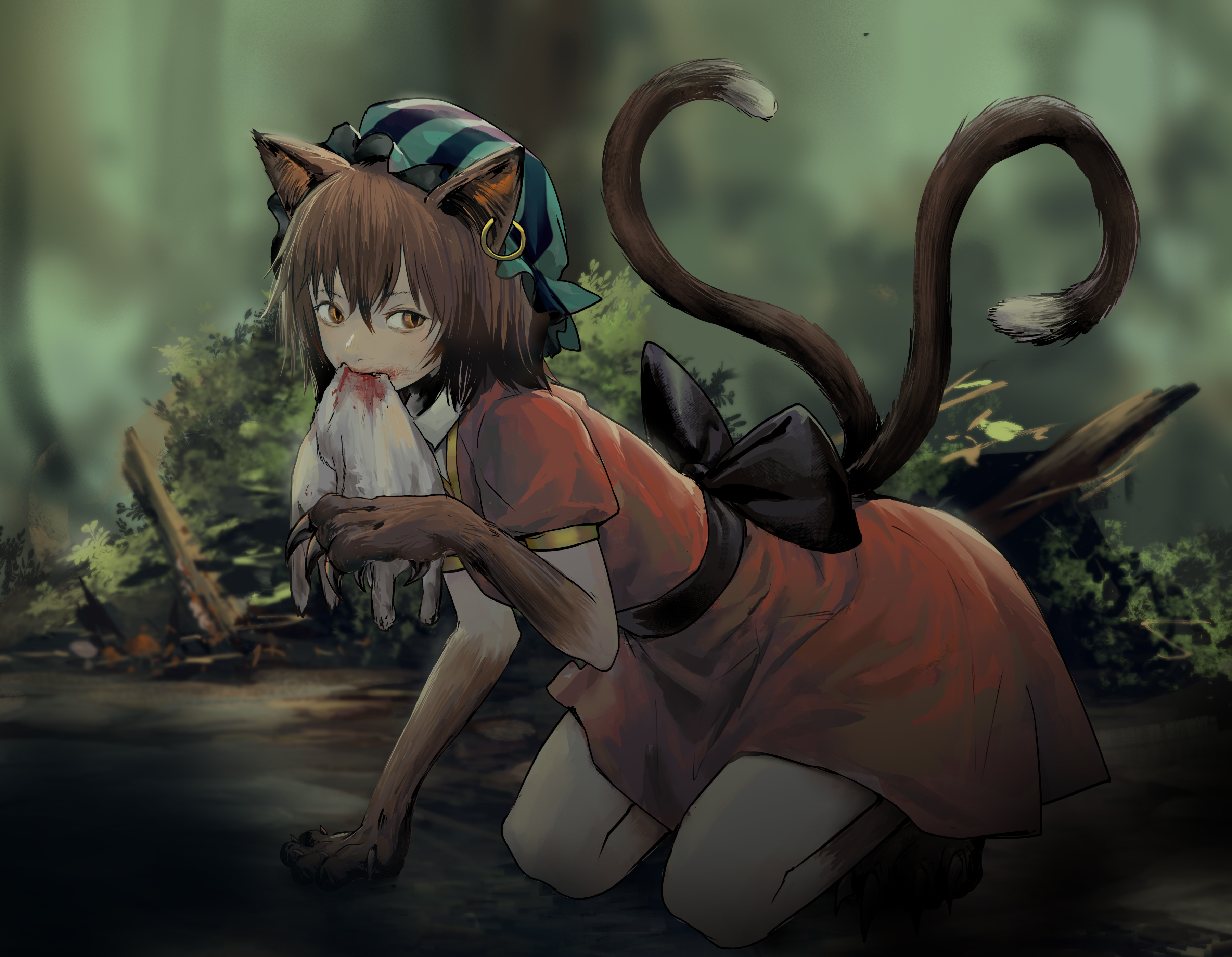 Chen from Touhou holding a bloody prey HD Wallpaper