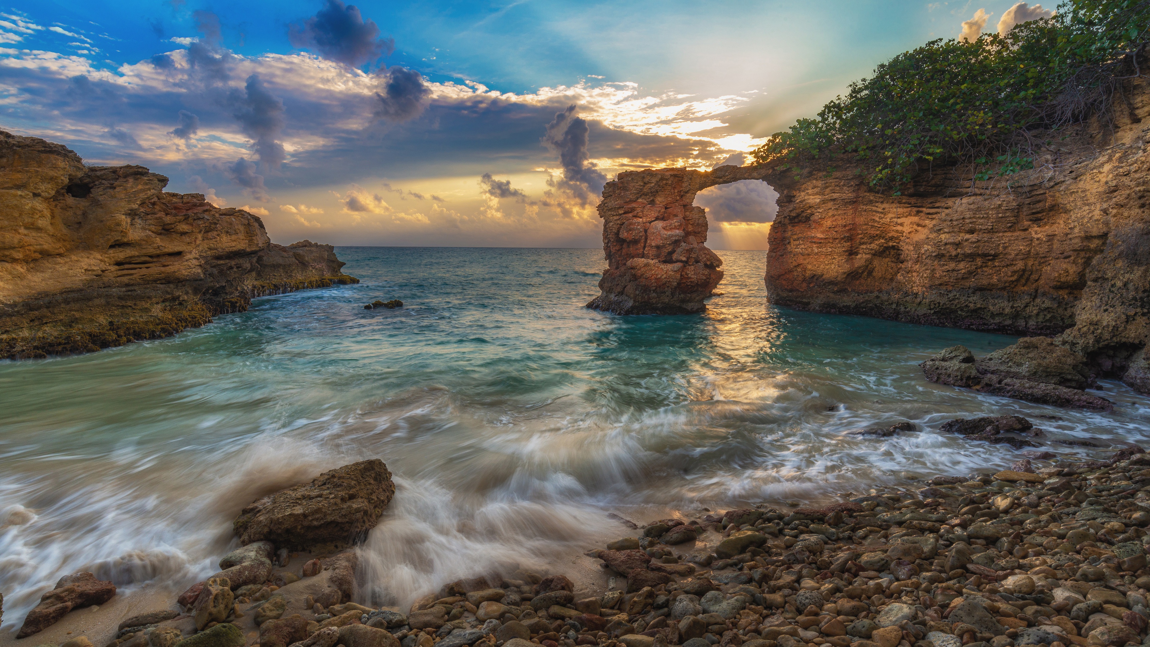 Coastal Arch Rock Formation at Sunset HD Wallpaper