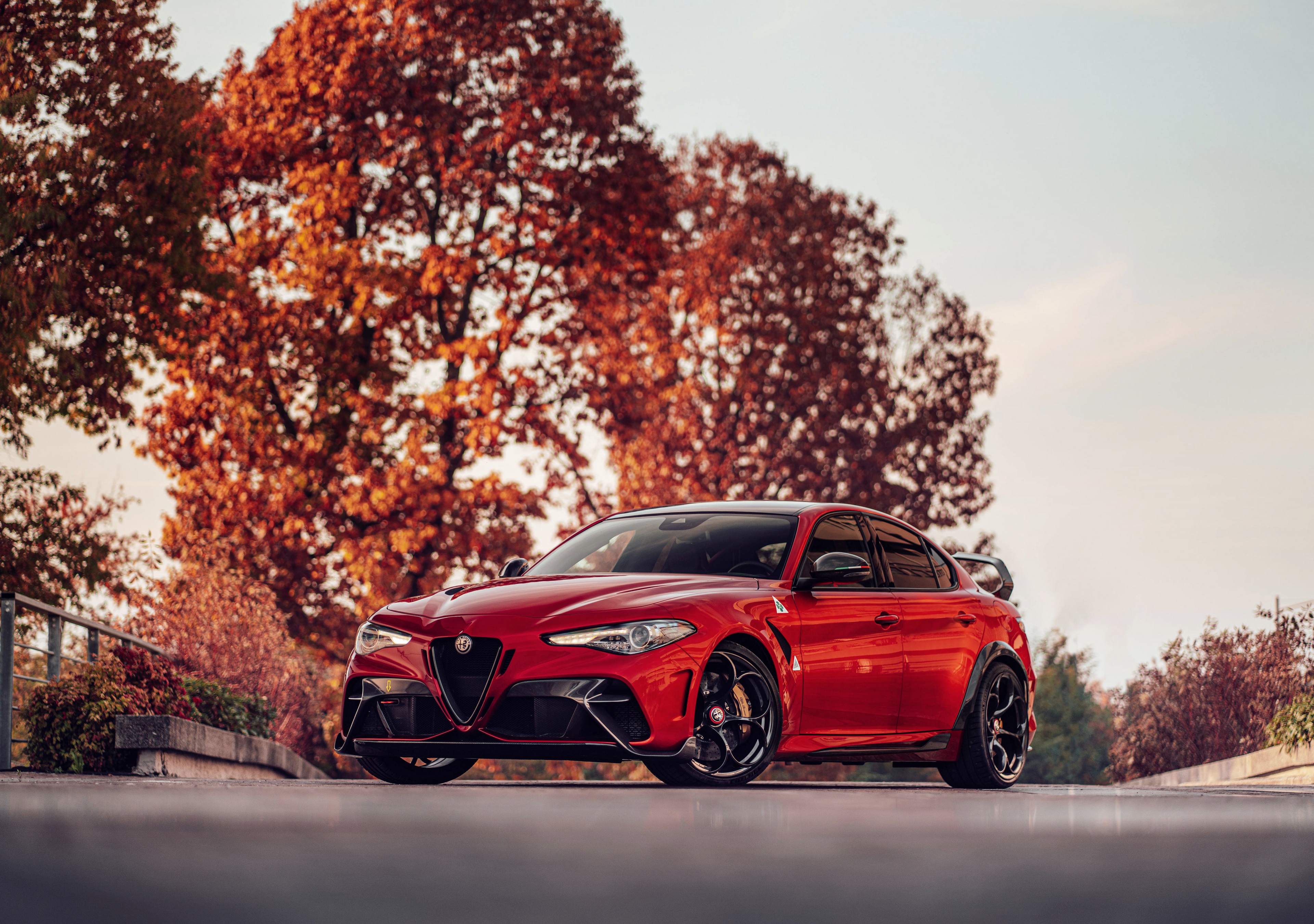 Red Alfa Romeo Giulia Quadrifoglio in Autumn HD Wallpaper