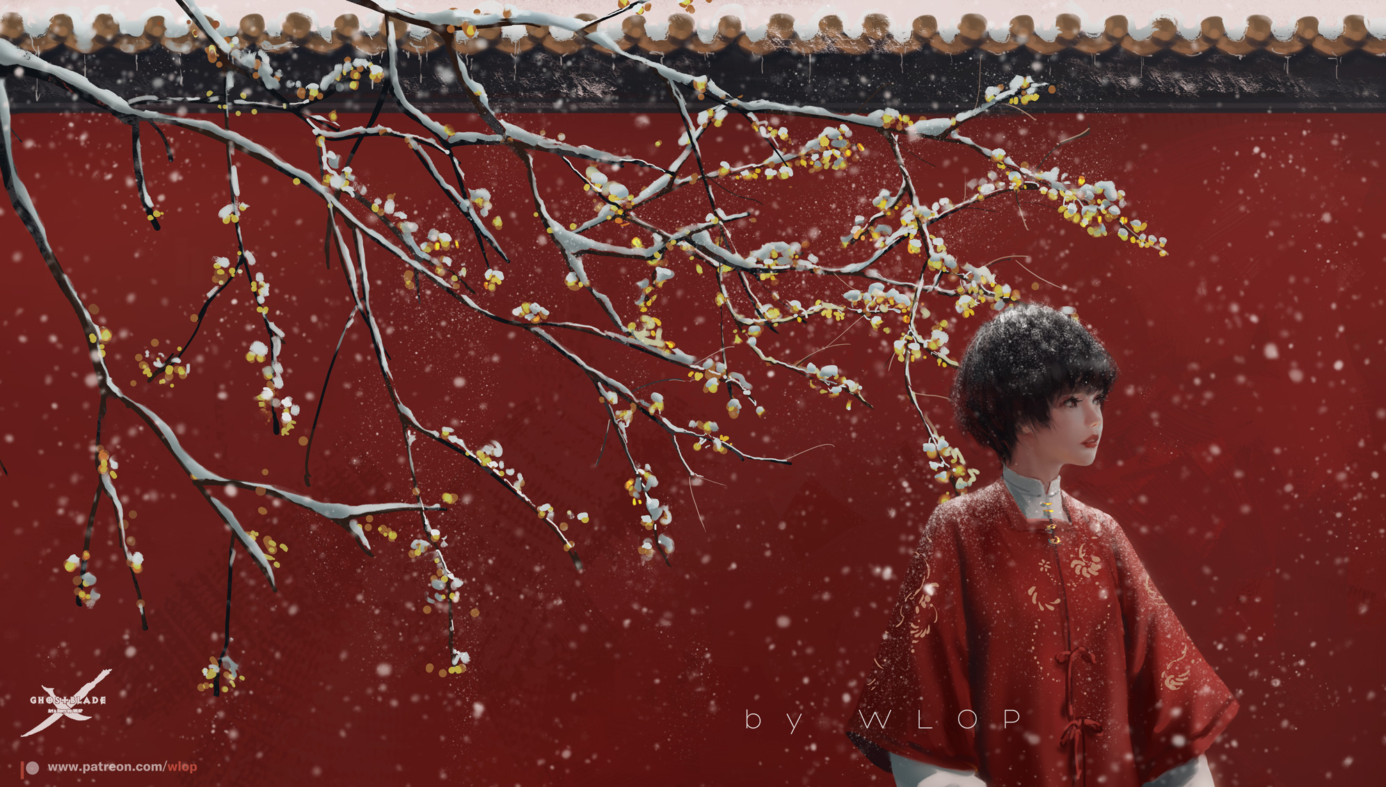 GhostBlade Winter Scene with Plum Blossoms HD Wallpaper