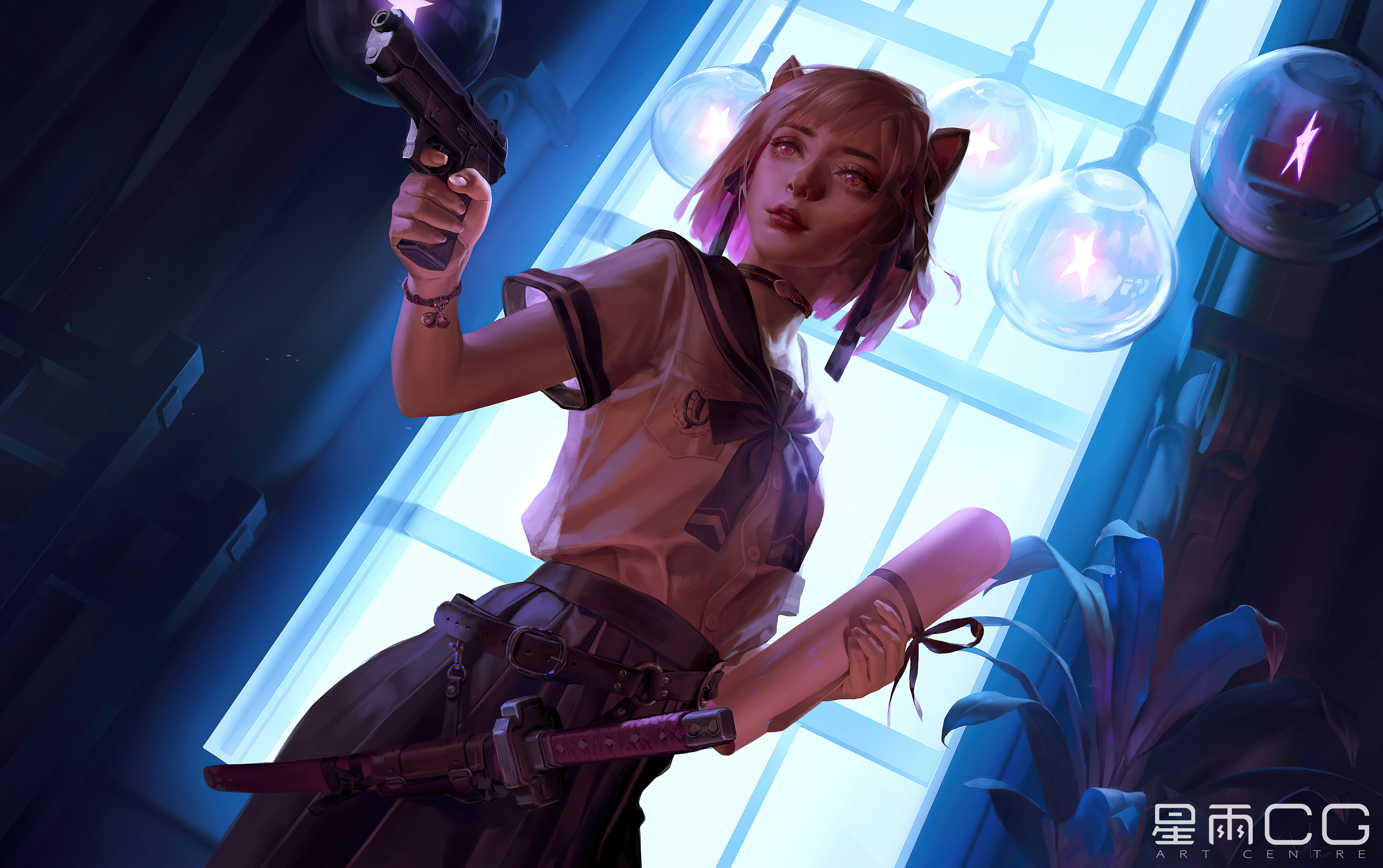 Woman in school uniform with gun and sword HD Wallpaper