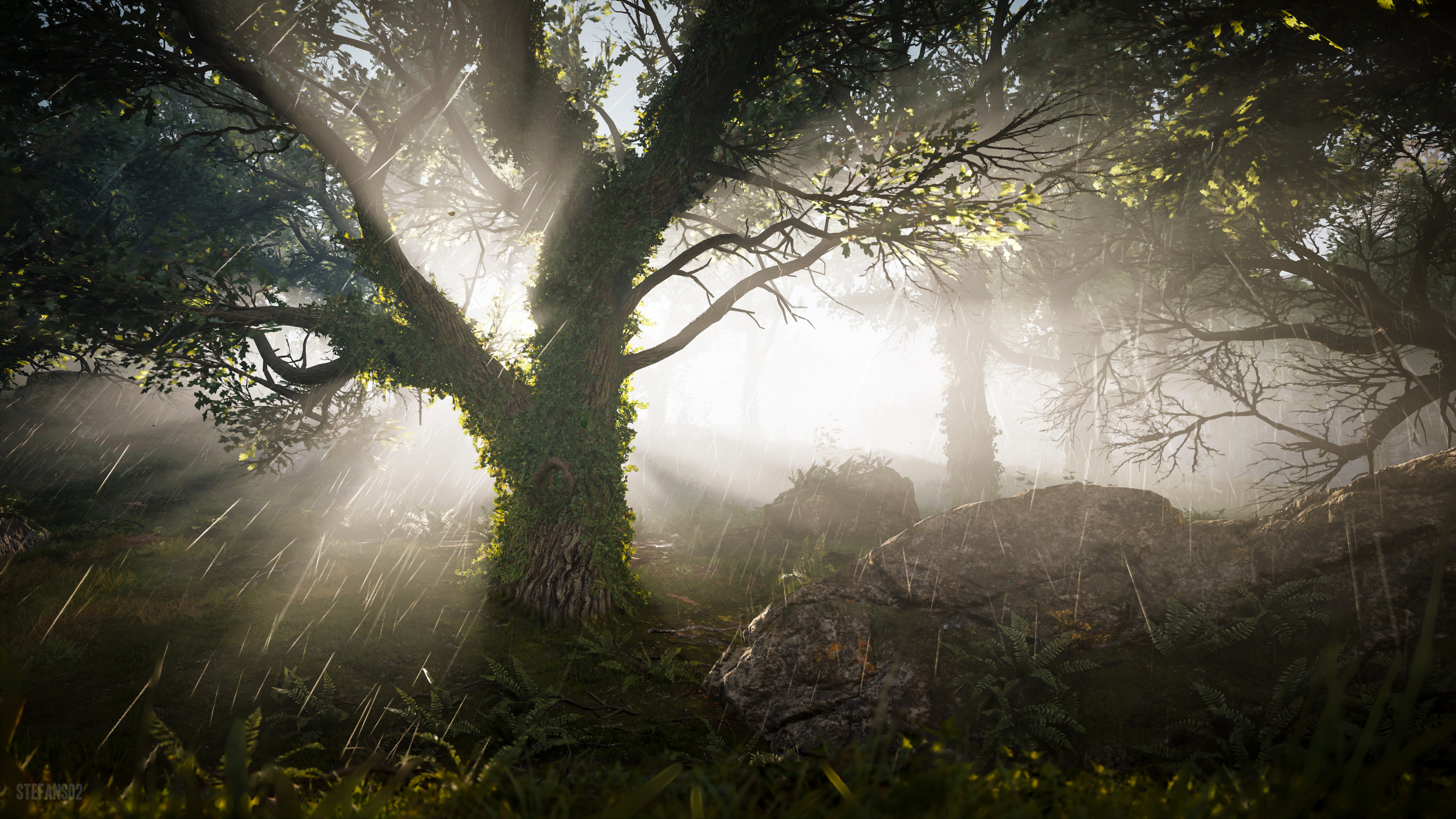 Assassin's Creed Valhalla forest with rain and sunbeams HD Wallpaper