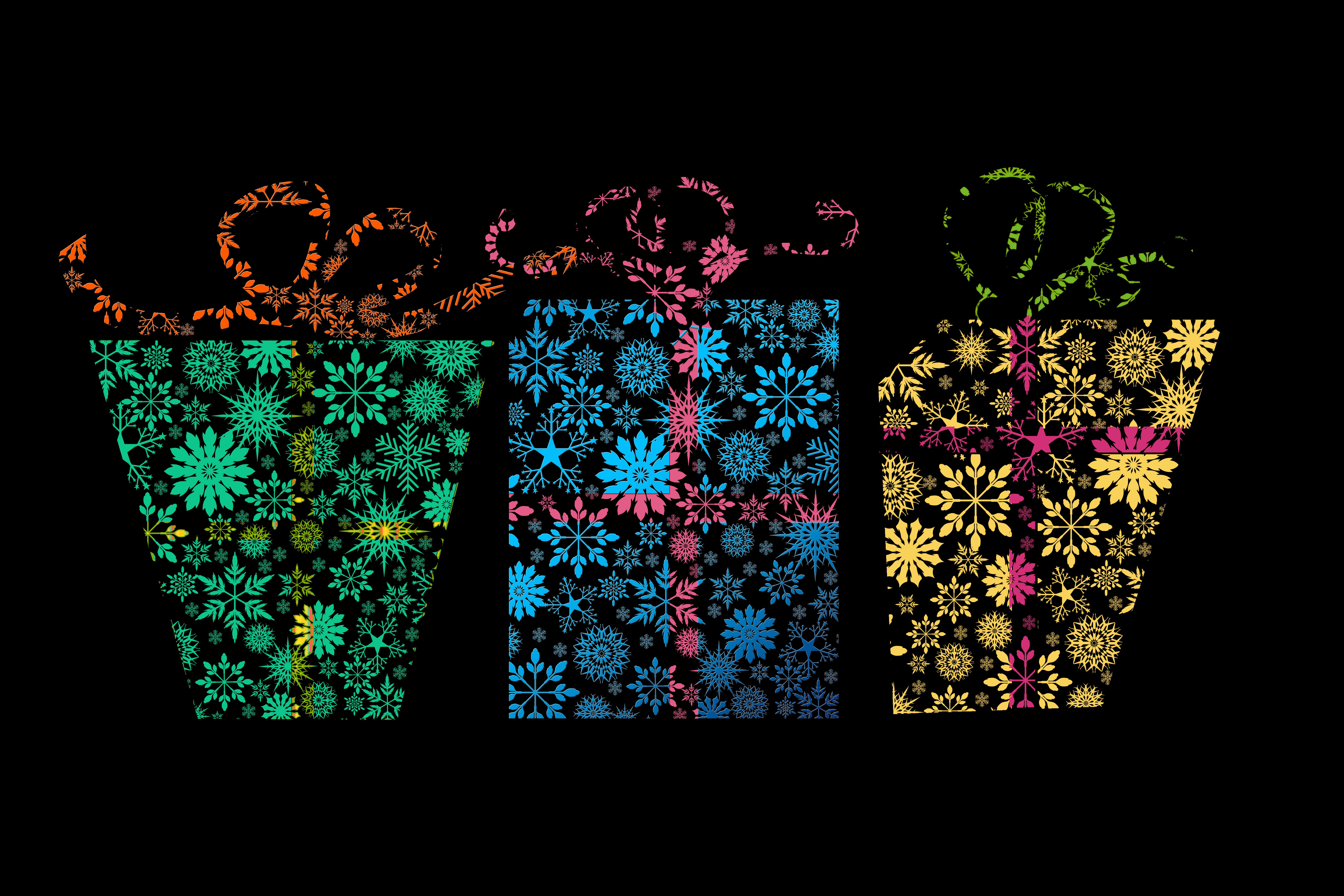 Three abstract snowflake gift boxes HD Wallpaper