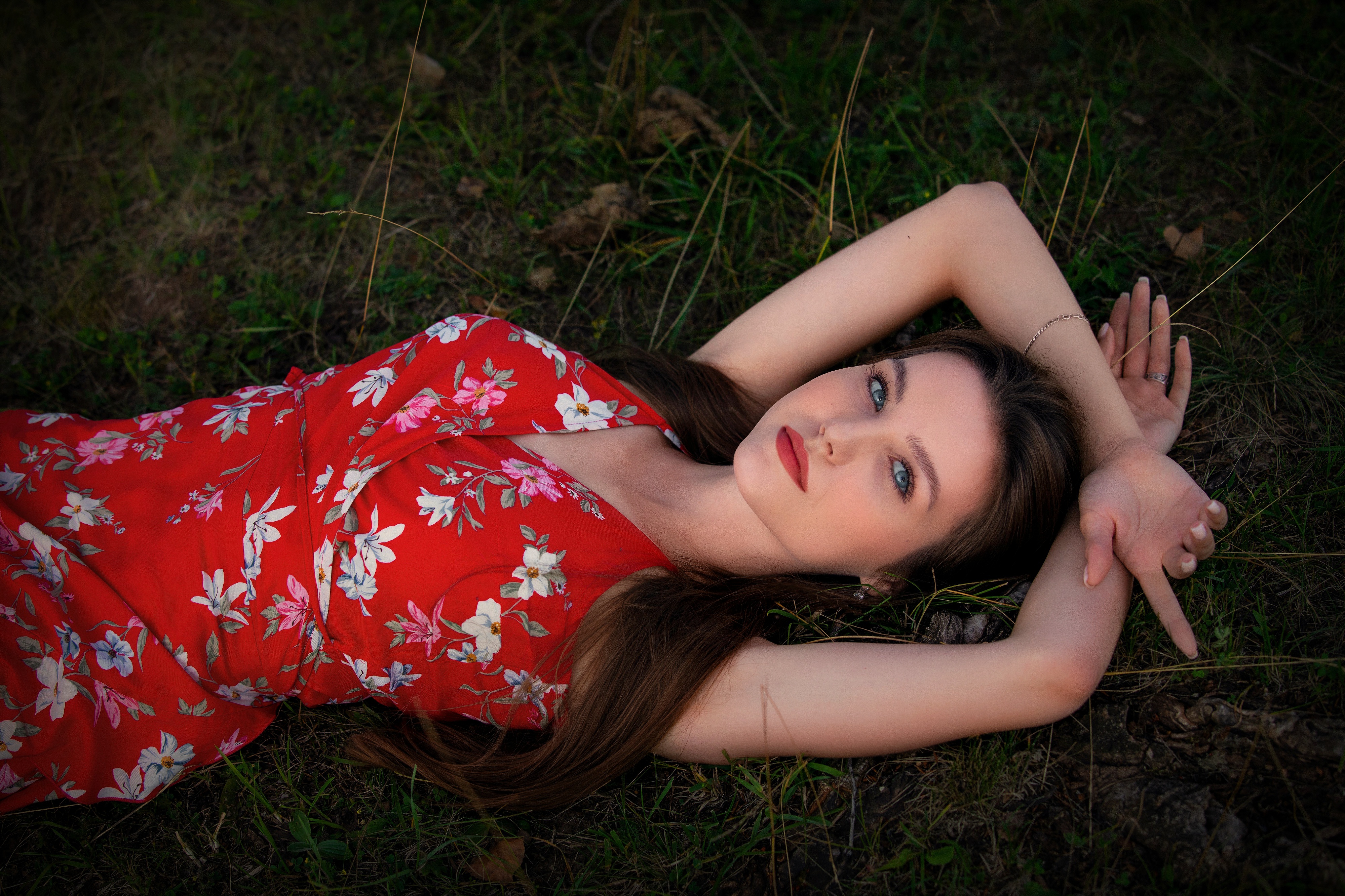 Model with Blue Eyes and Floral Dress HD Wallpaper