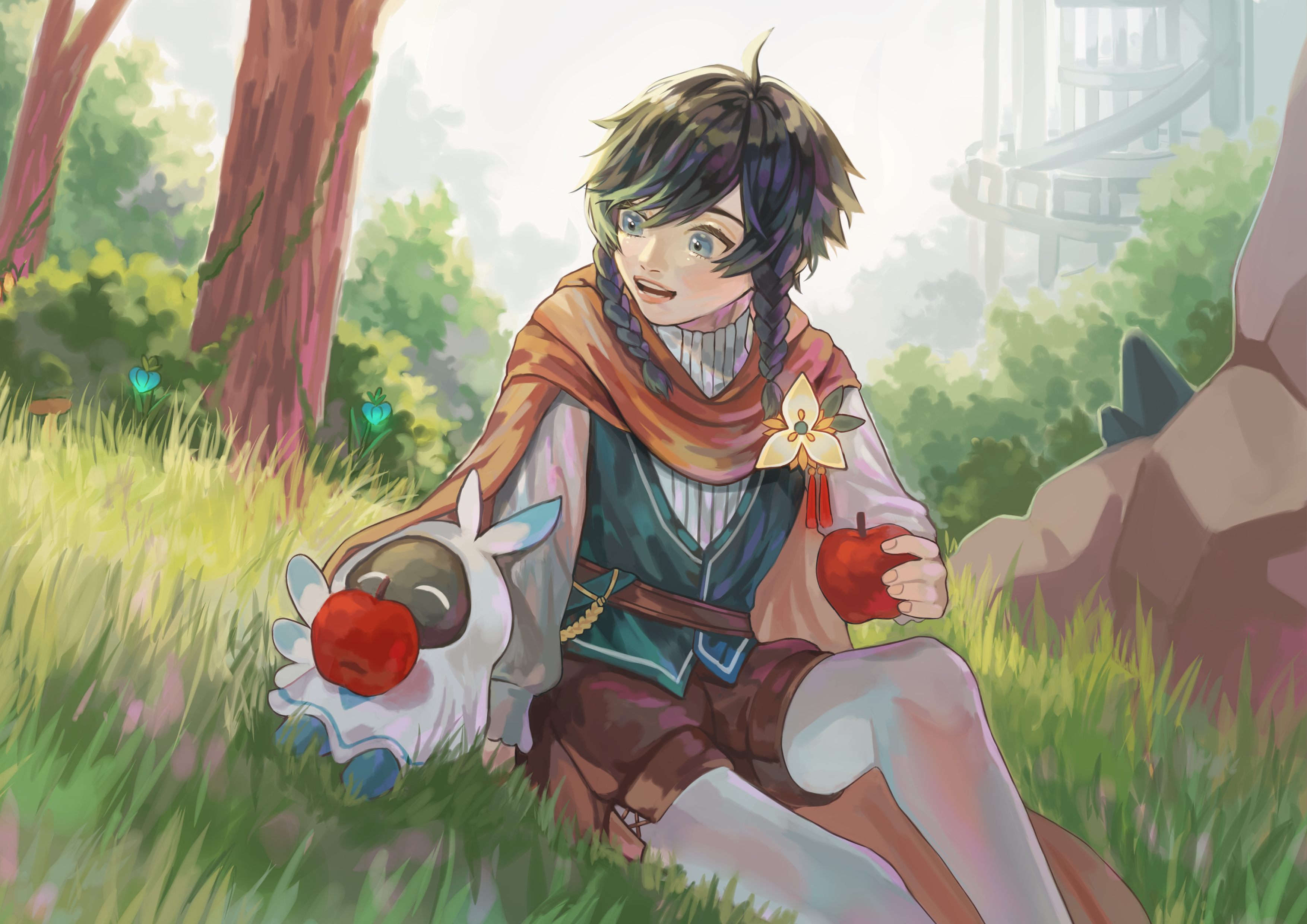 Venti from Genshin Impact sitting in a grassy field HD Wallpaper