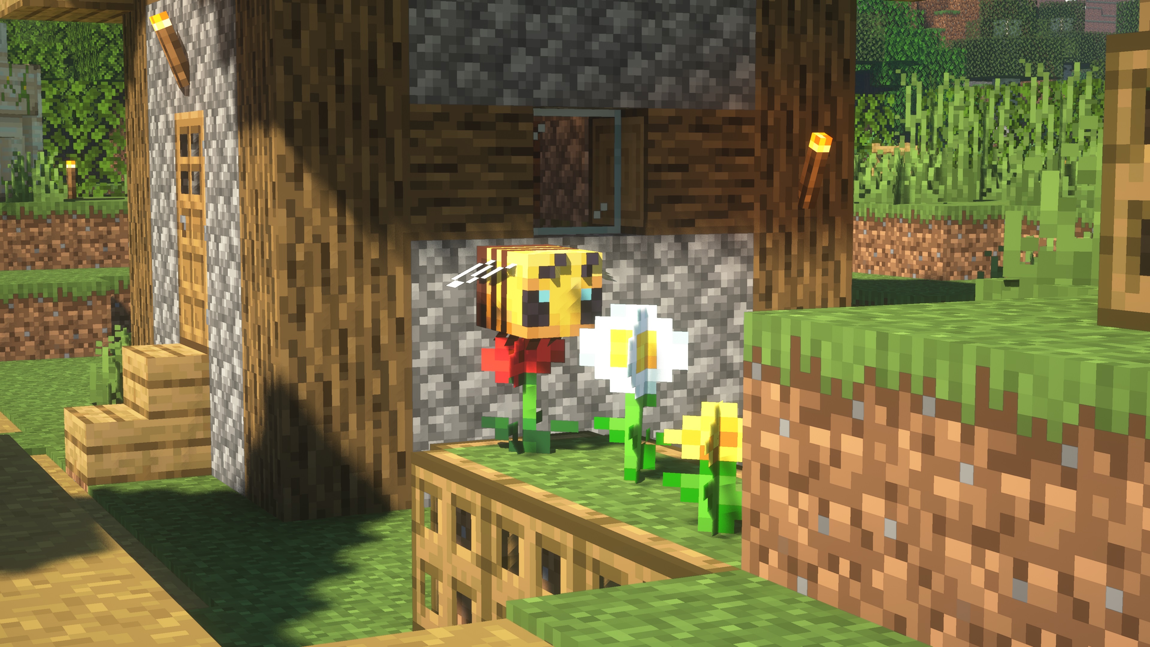 Minecraft Bee with Flowers near a House HD Wallpaper