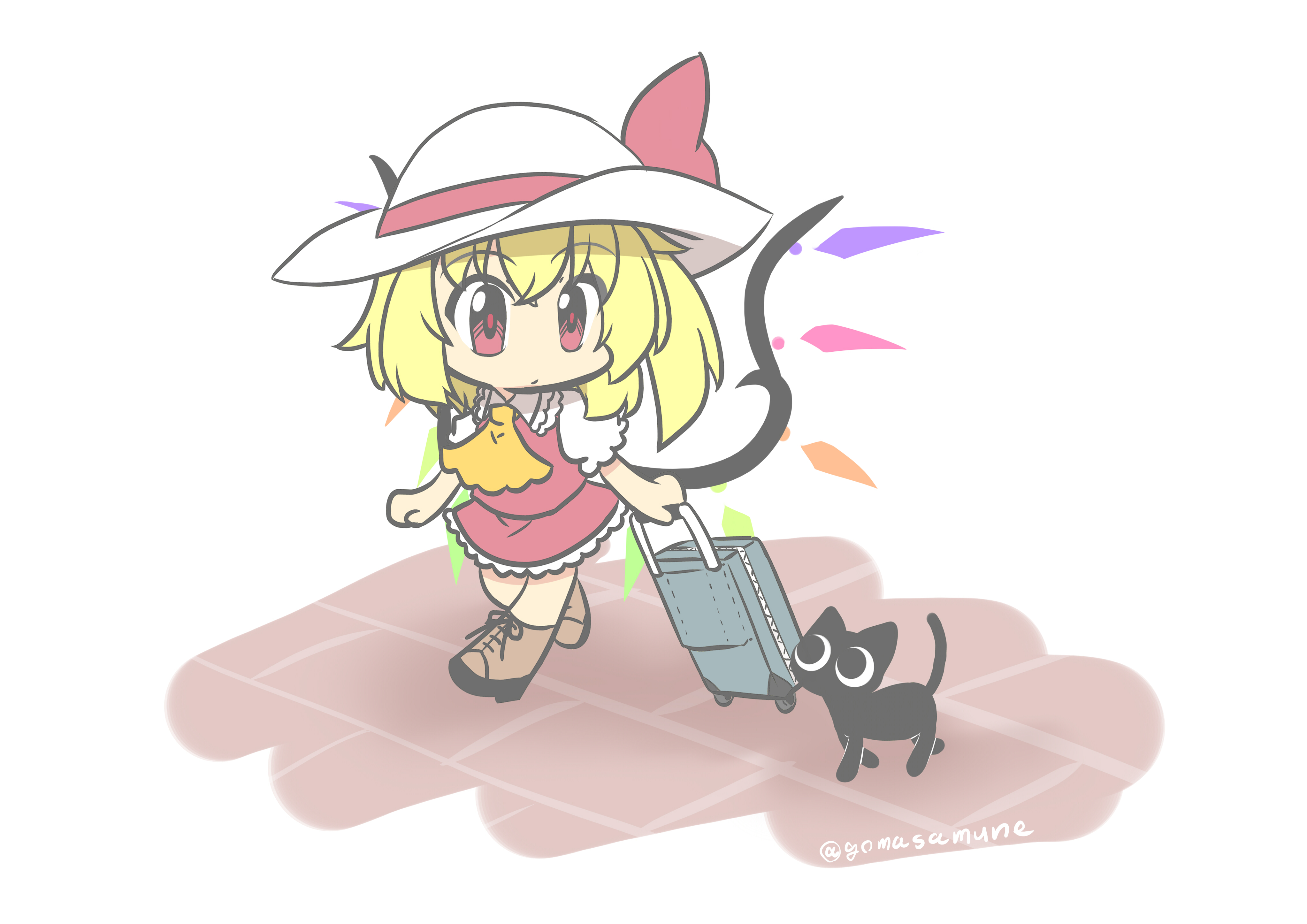 Flandre Scarlet from Touhou with a cat and suitcase HD Wallpaper