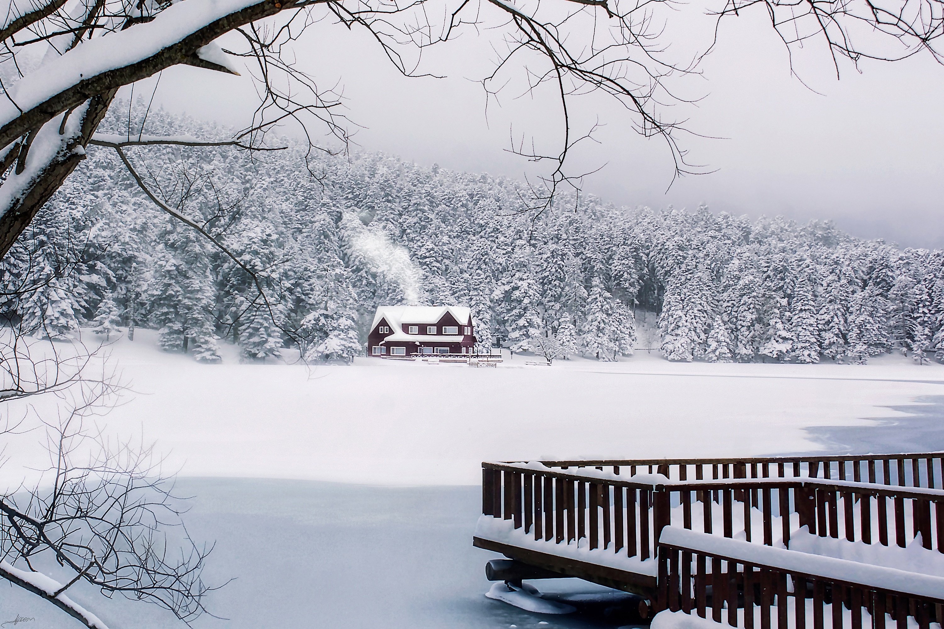 Red house by snowy lake and forest in Turkey HD Wallpaper