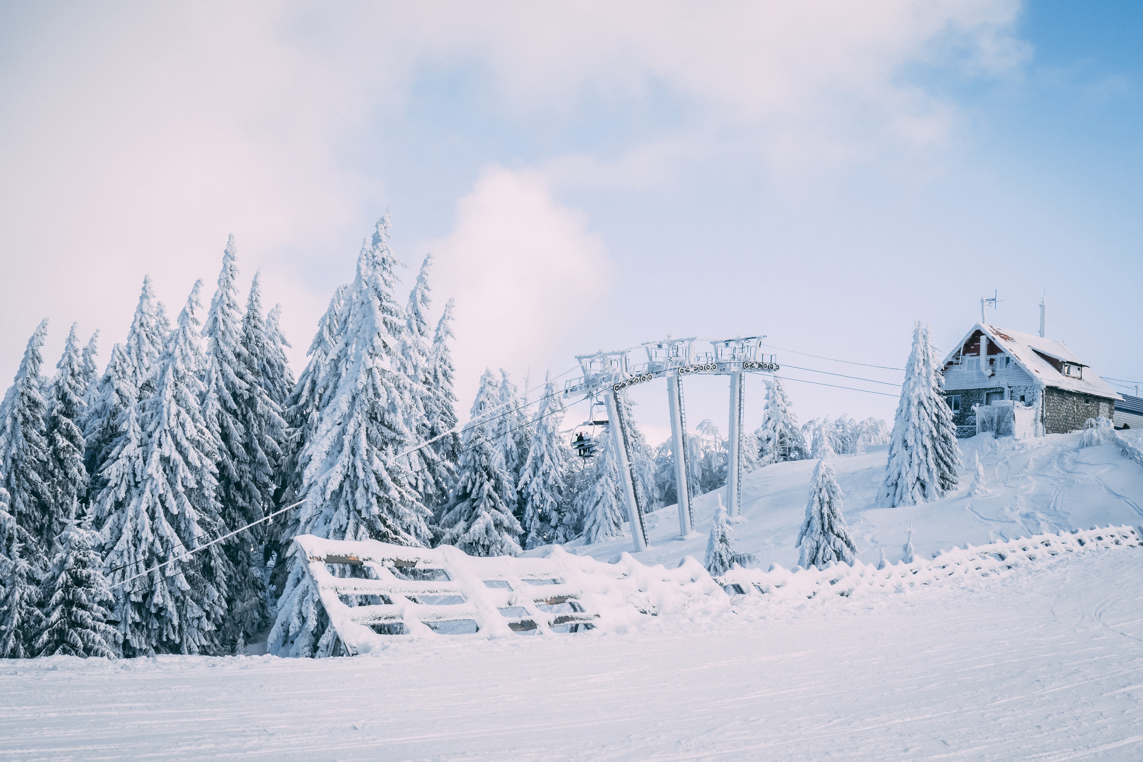 Ski lift and snow-covered fir trees on a mountain HD Wallpaper