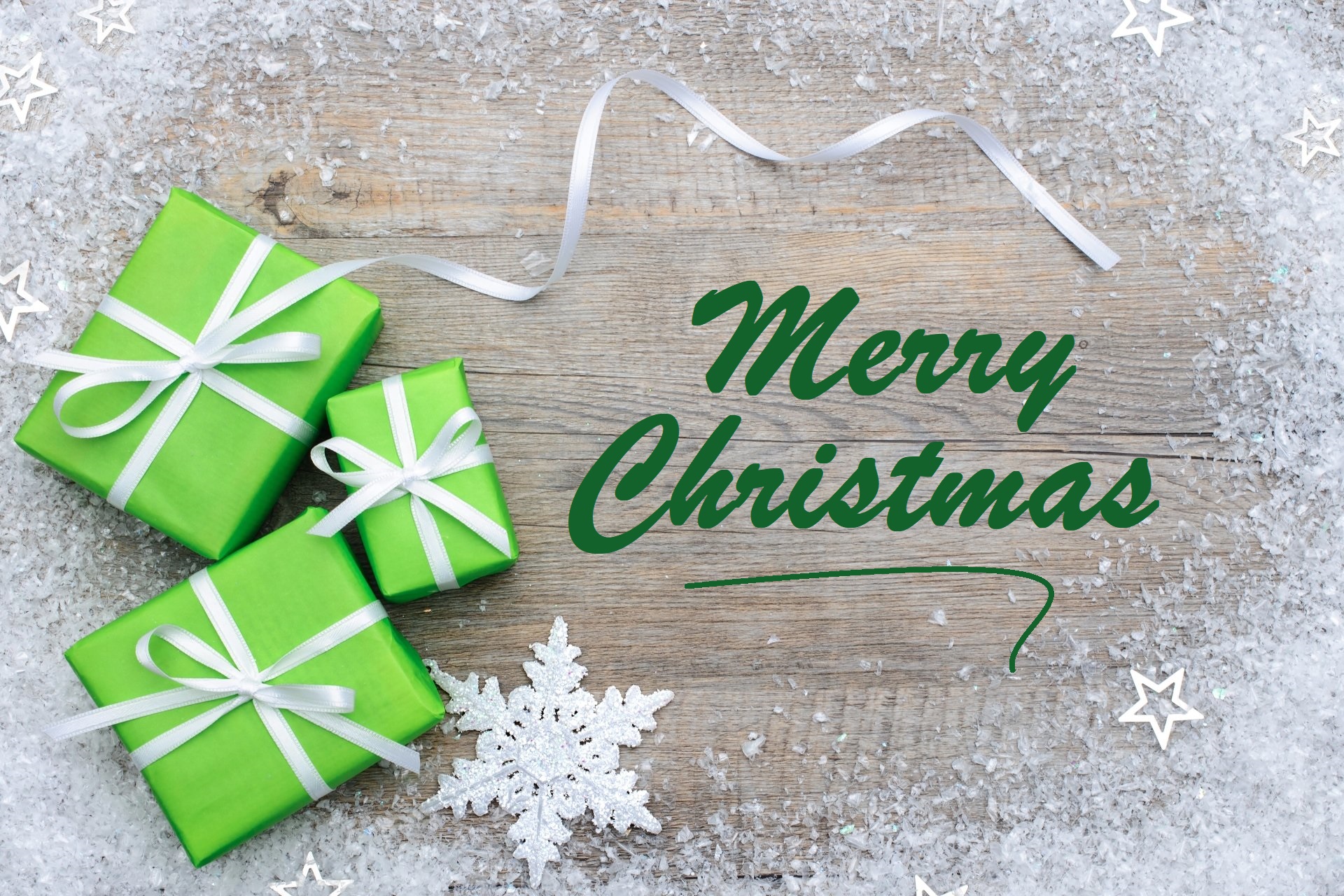 Merry Christmas gifts with snow and snowflakes HD Wallpaper