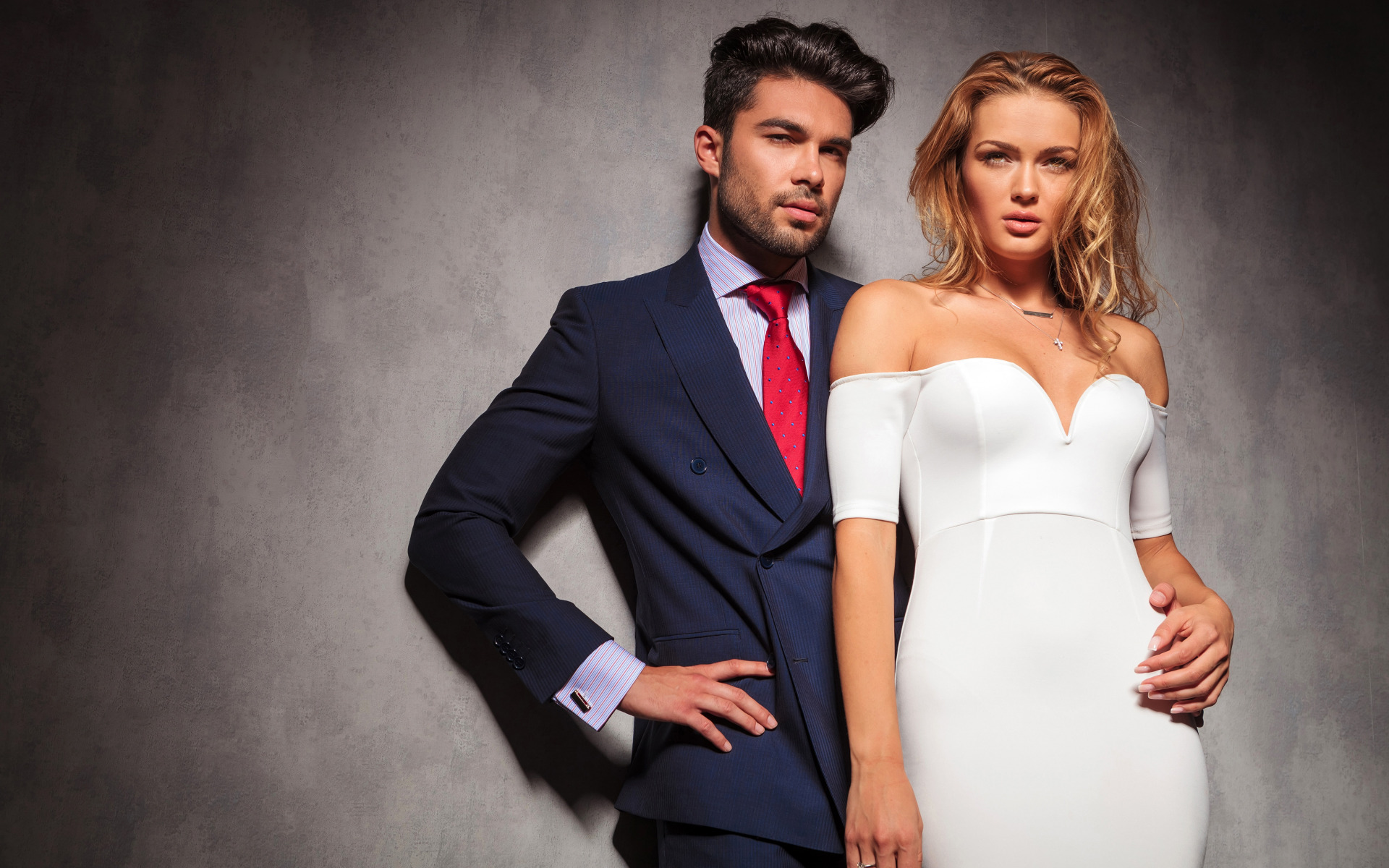 Man in suit and woman in white dress HD Wallpaper