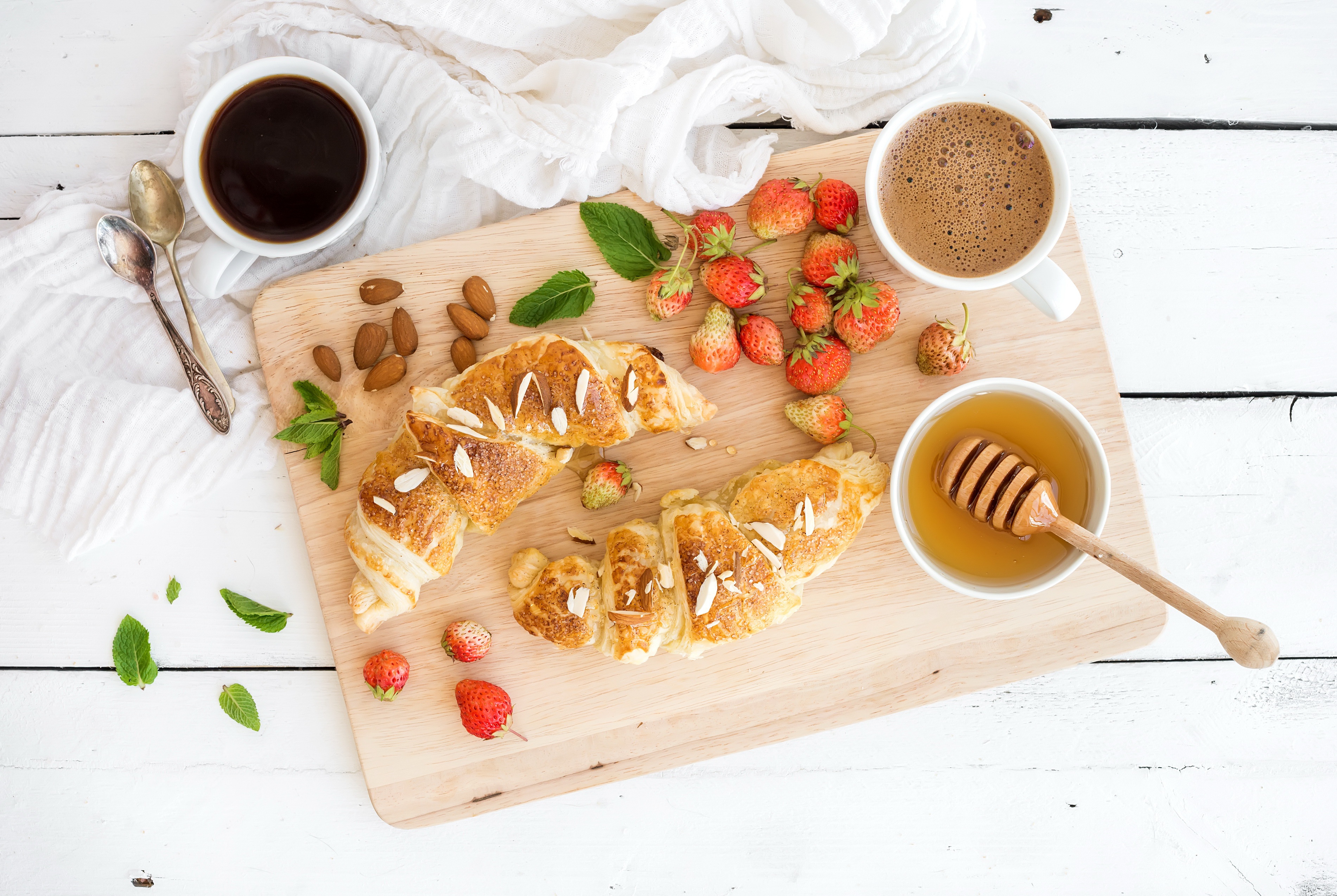 Breakfast with Croissant, Strawberries, Coffee, and Honey HD Wallpaper