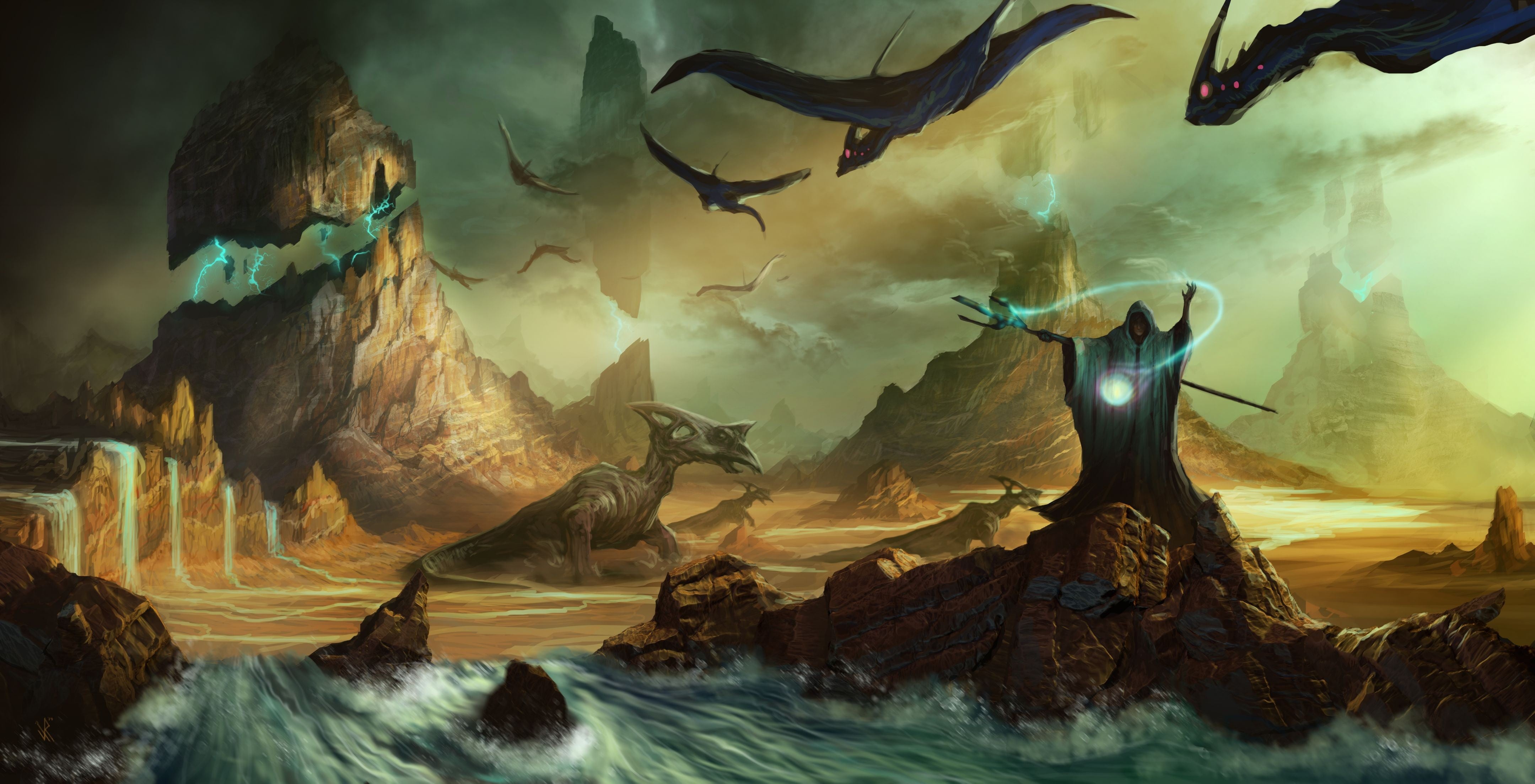 Fantasy Sorcerer and Creatures in a Rocky Landscape HD Wallpaper