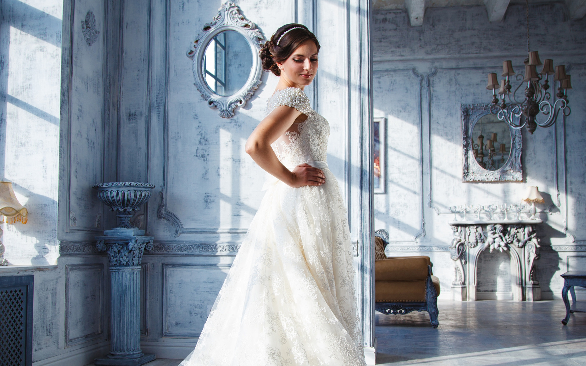 Bride in a white dress with makeup HD Wallpaper