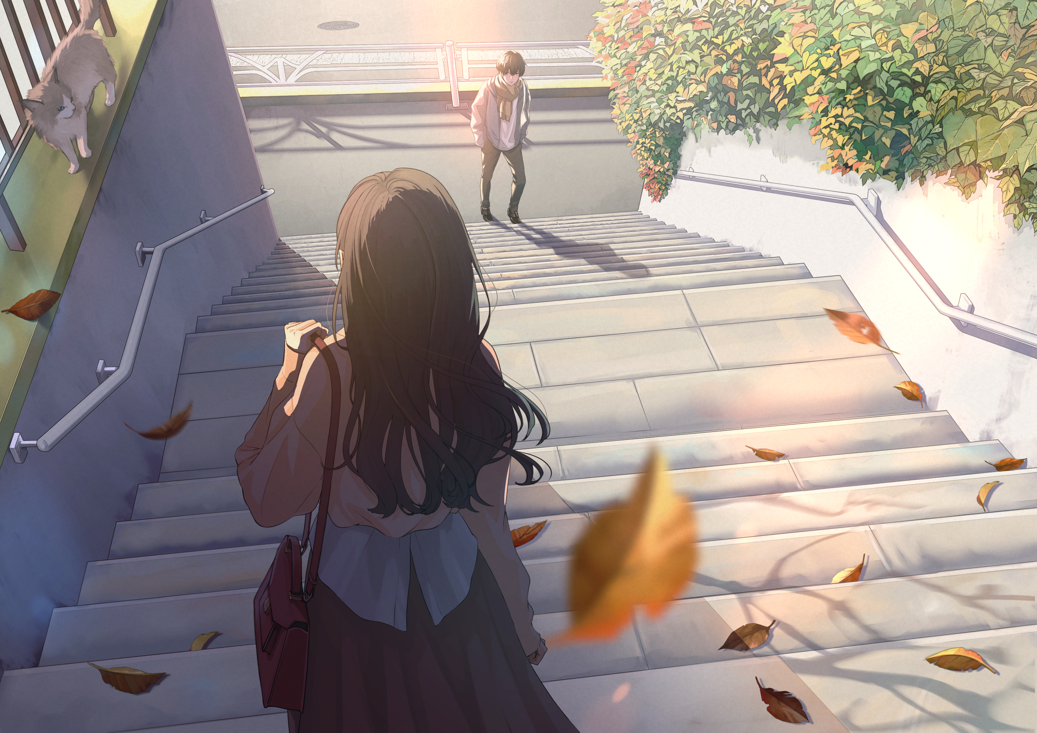 Anime couple on stairs with cat and autumn leaves HD Wallpaper