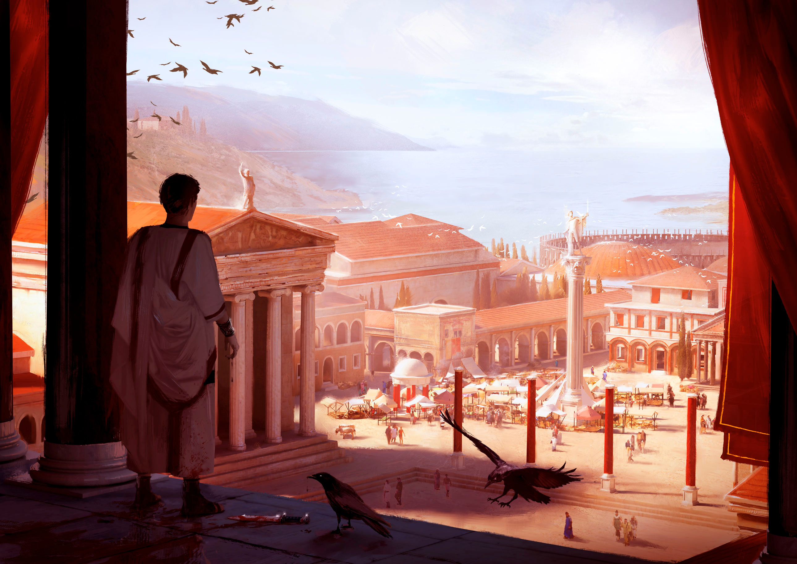 Roman Senator overlooking a city square HD Wallpaper