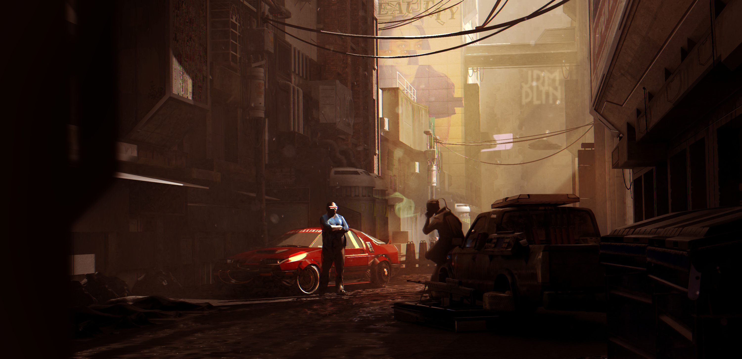 Cyberpunk 2077 alleyway scene with characters and vehicles HD Wallpaper