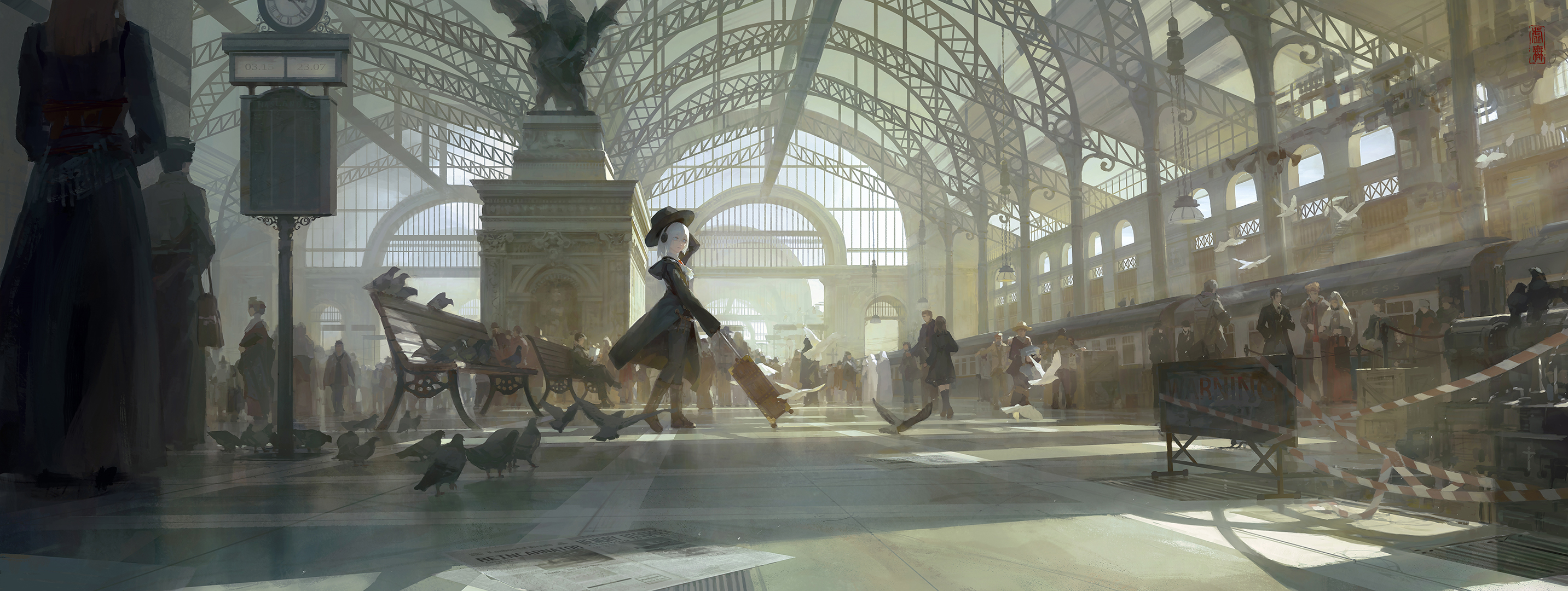 Girl in a train station with pigeons HD Wallpaper
