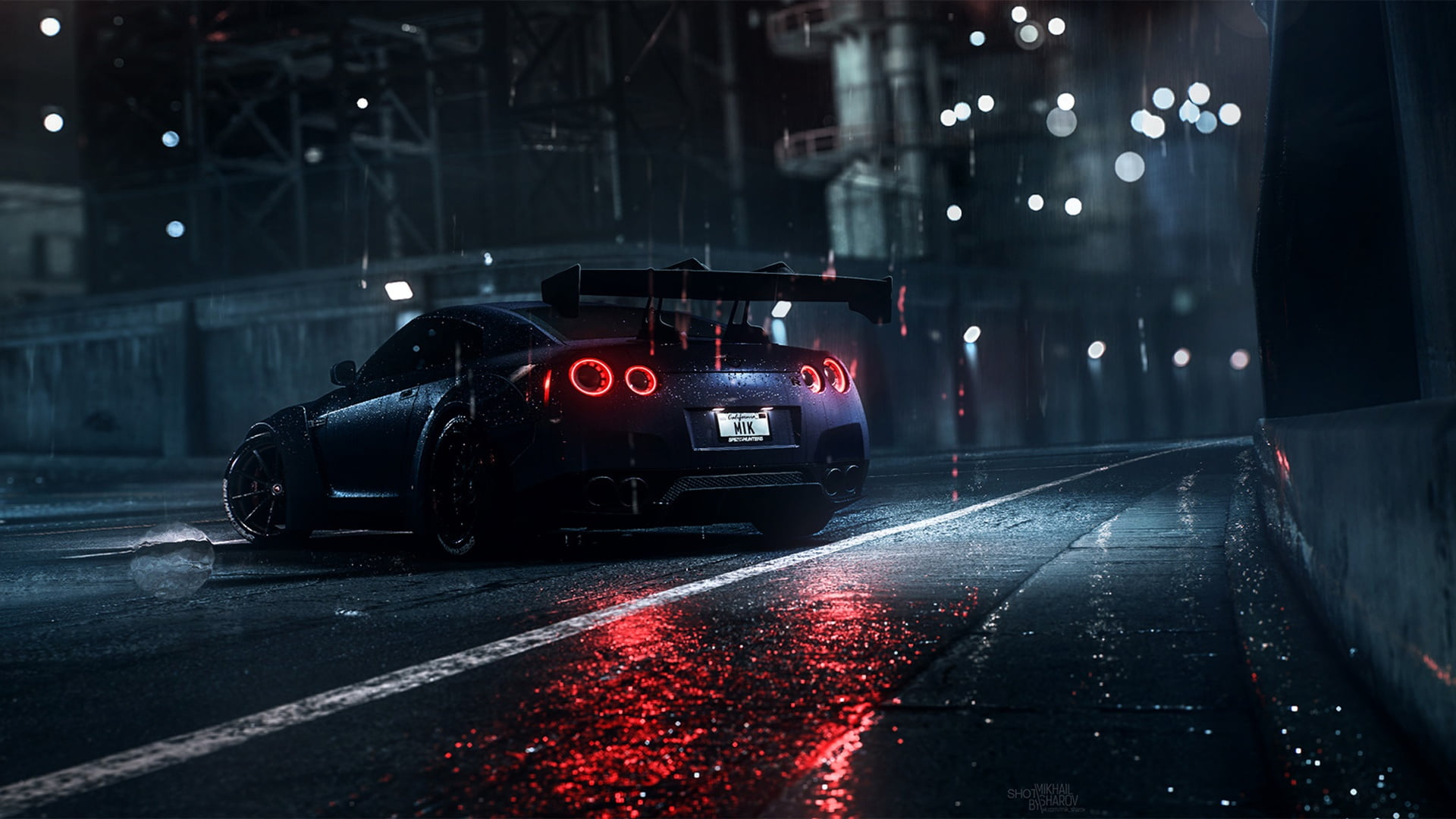 Nissan GT-R on a wet road at night HD Wallpaper