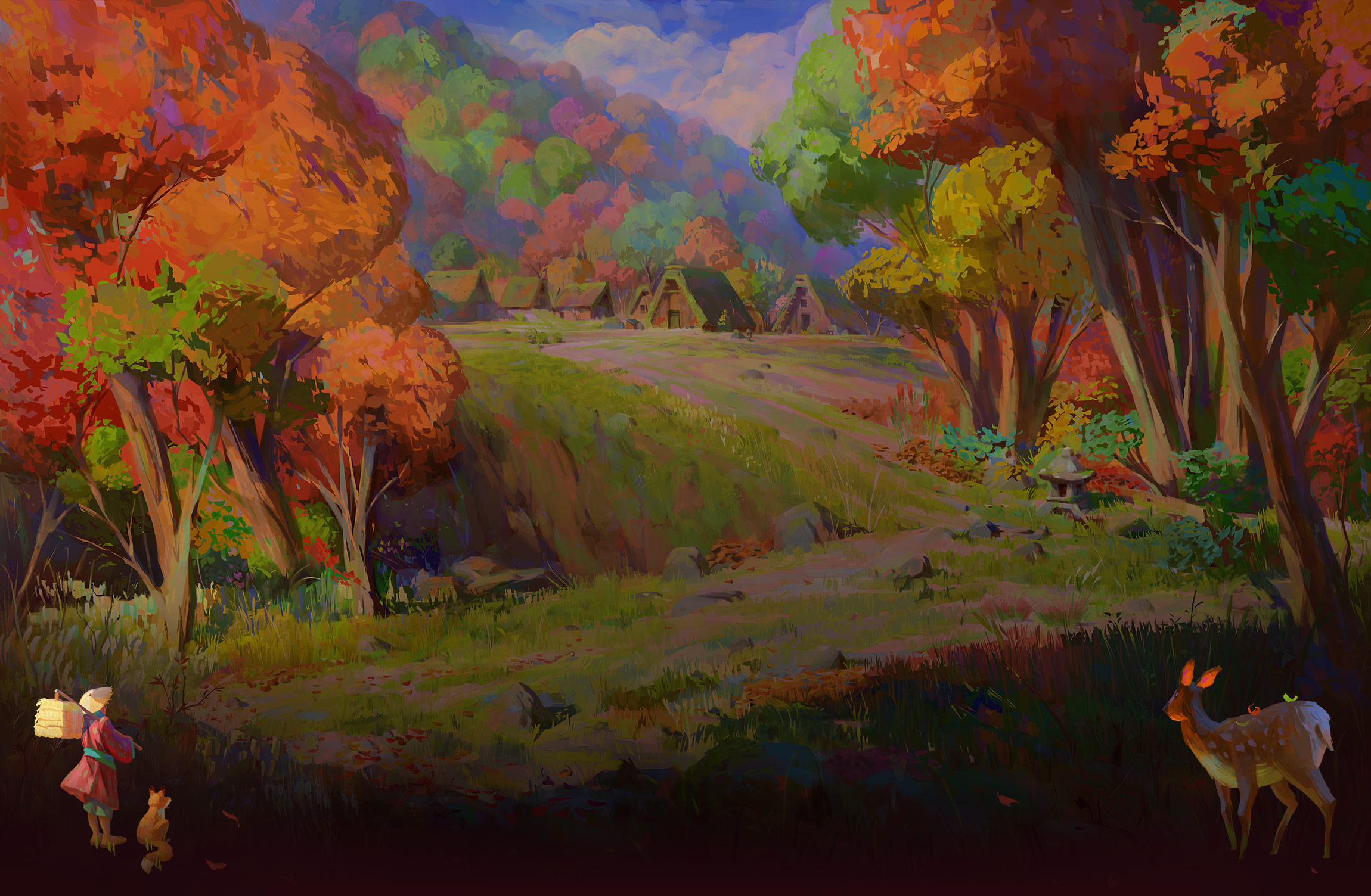 Autumn Village with Deer and Girl HD Wallpaper