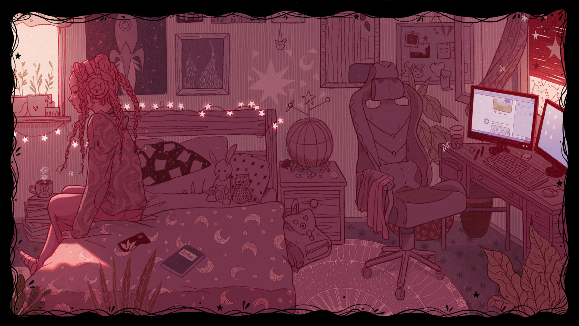 Girl with headphones in a bedroom with computer HD Wallpaper