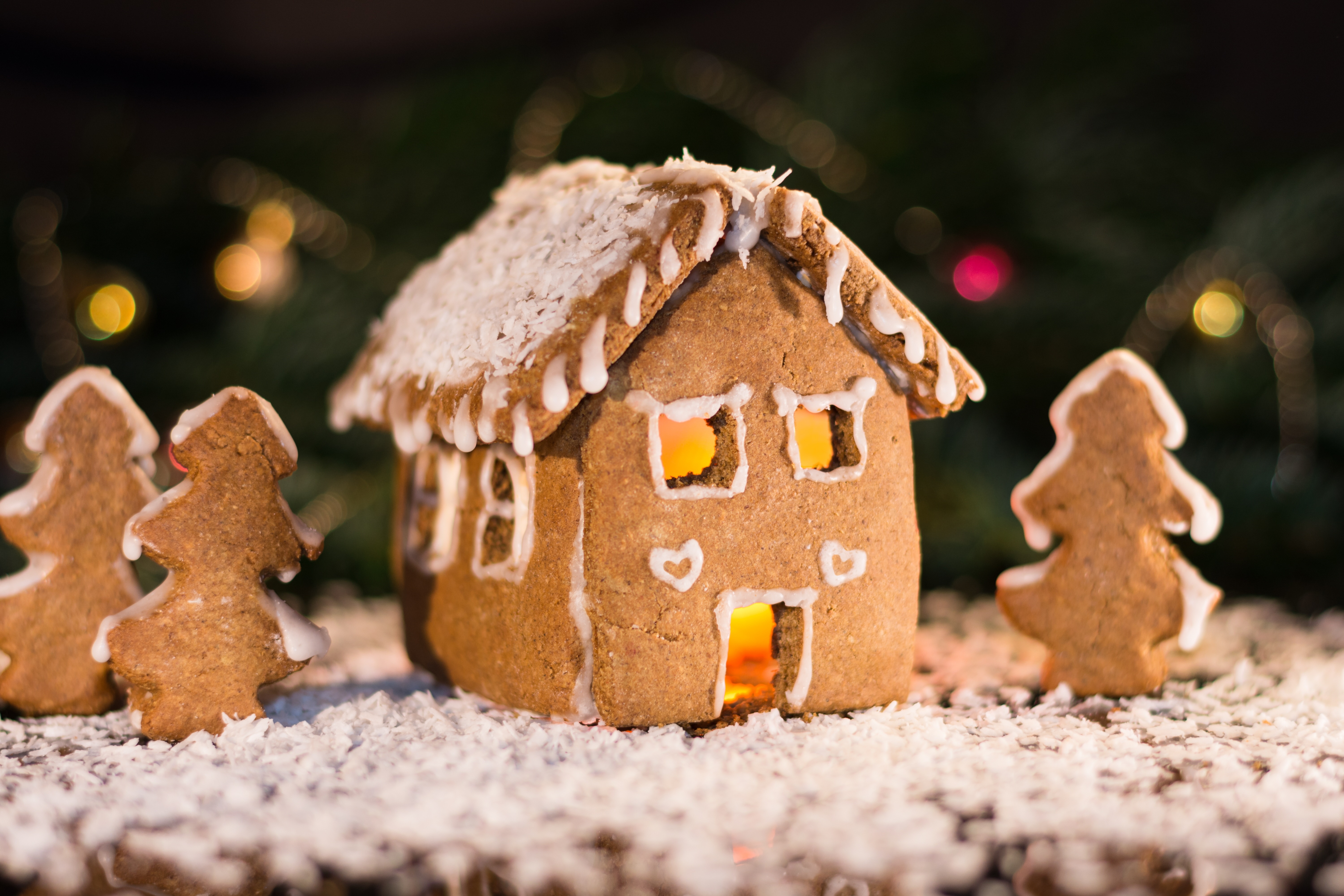 Gingerbread house with Christmas trees and lights HD Wallpaper