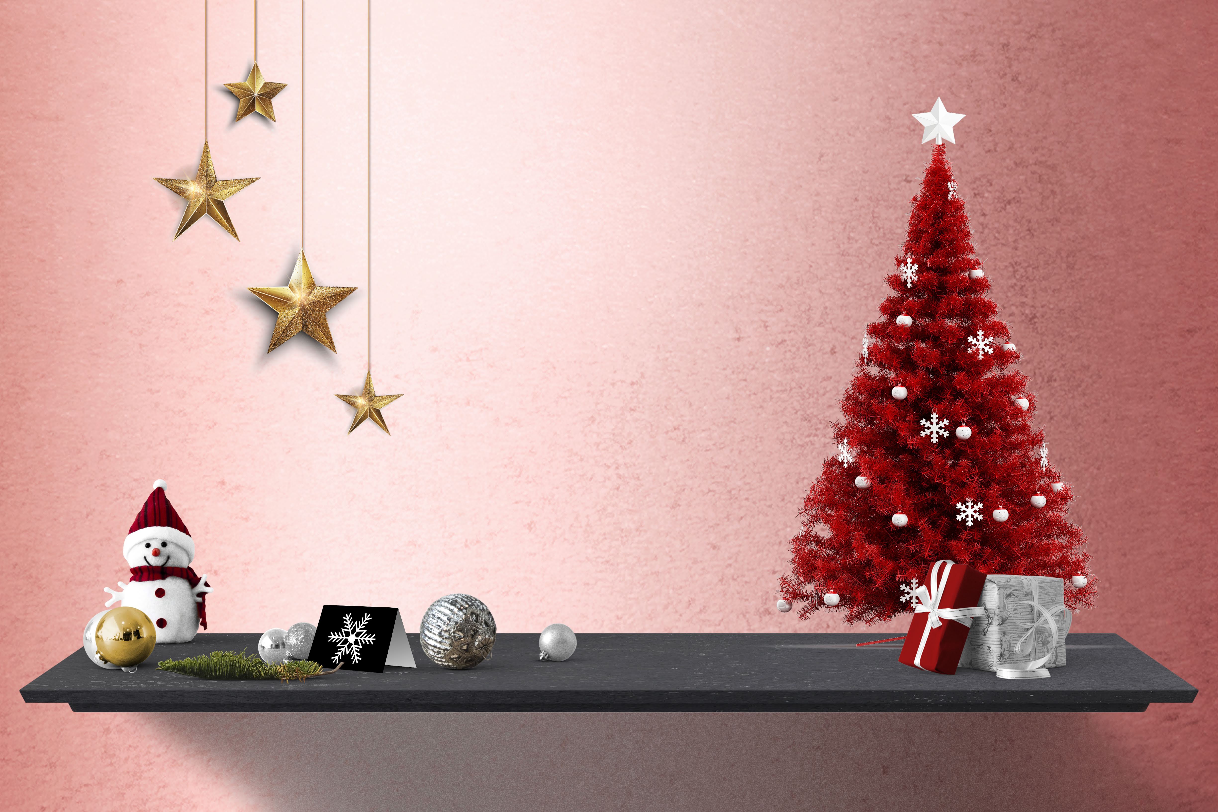 Christmas tree with ornaments and gifts on a shelf HD Wallpaper