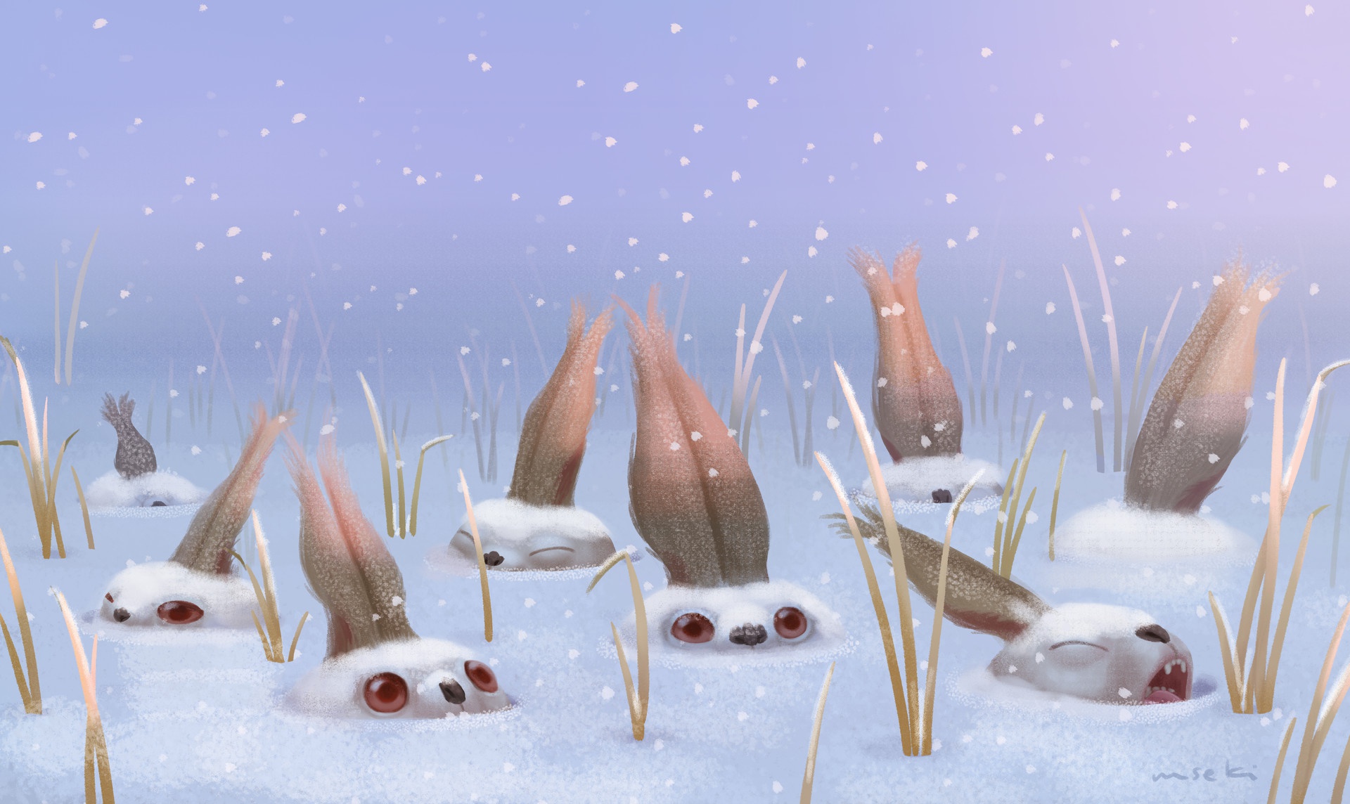 Rabbits hiding in the snow during winter HD Wallpaper