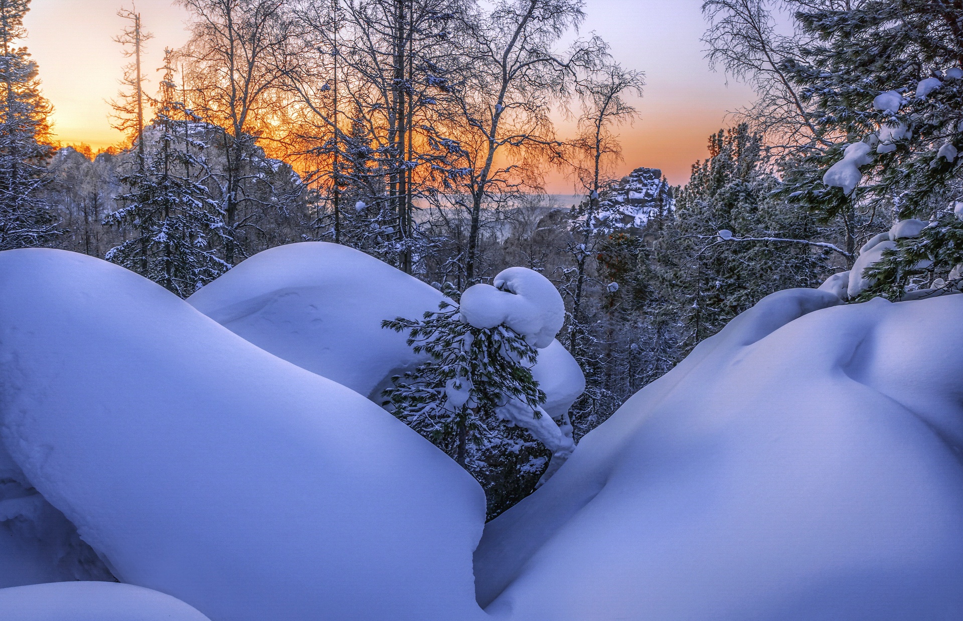 Snow covered rocks and trees at sunset HD Wallpaper