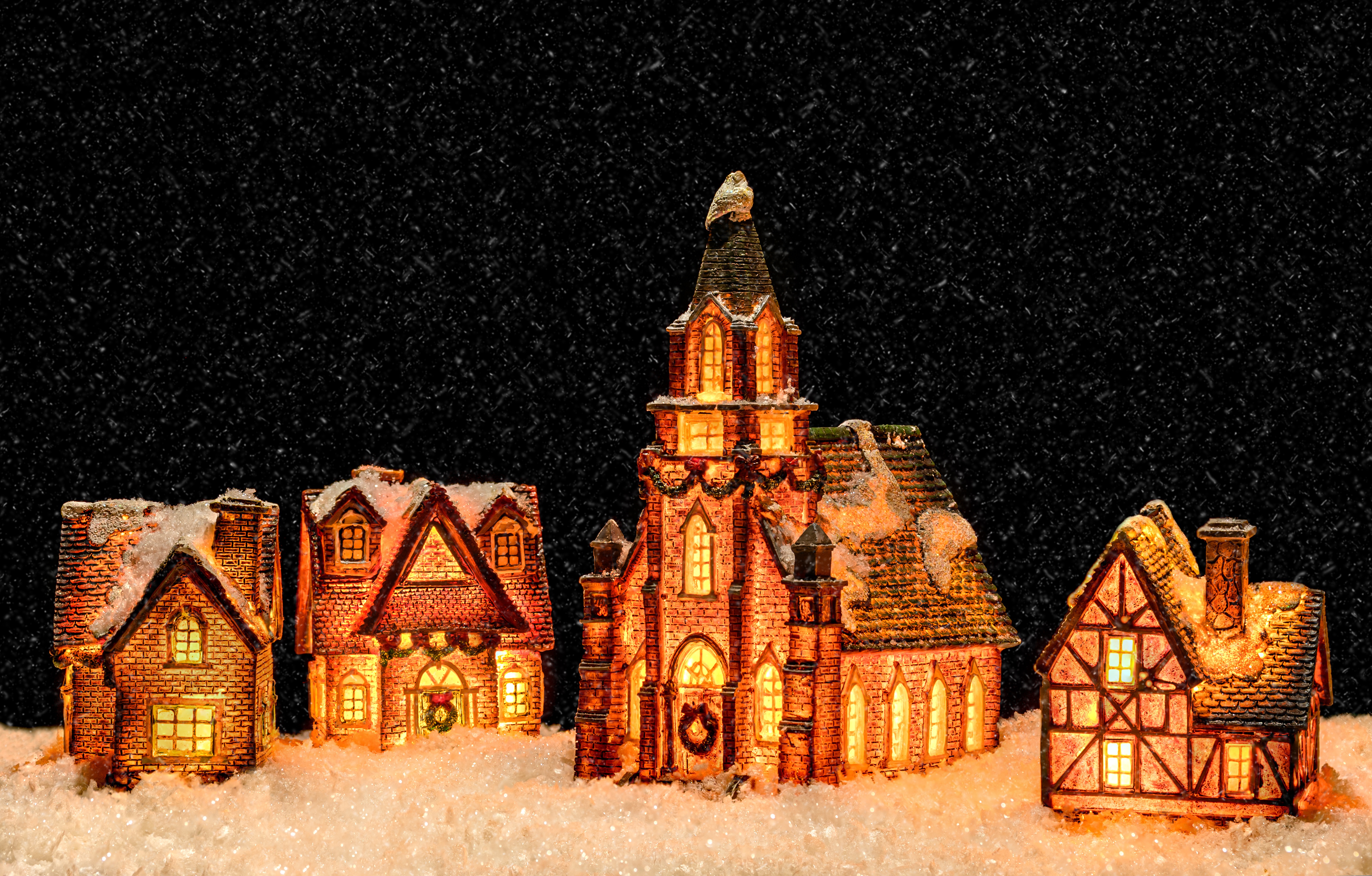 Christmas village houses in snow HD Wallpaper