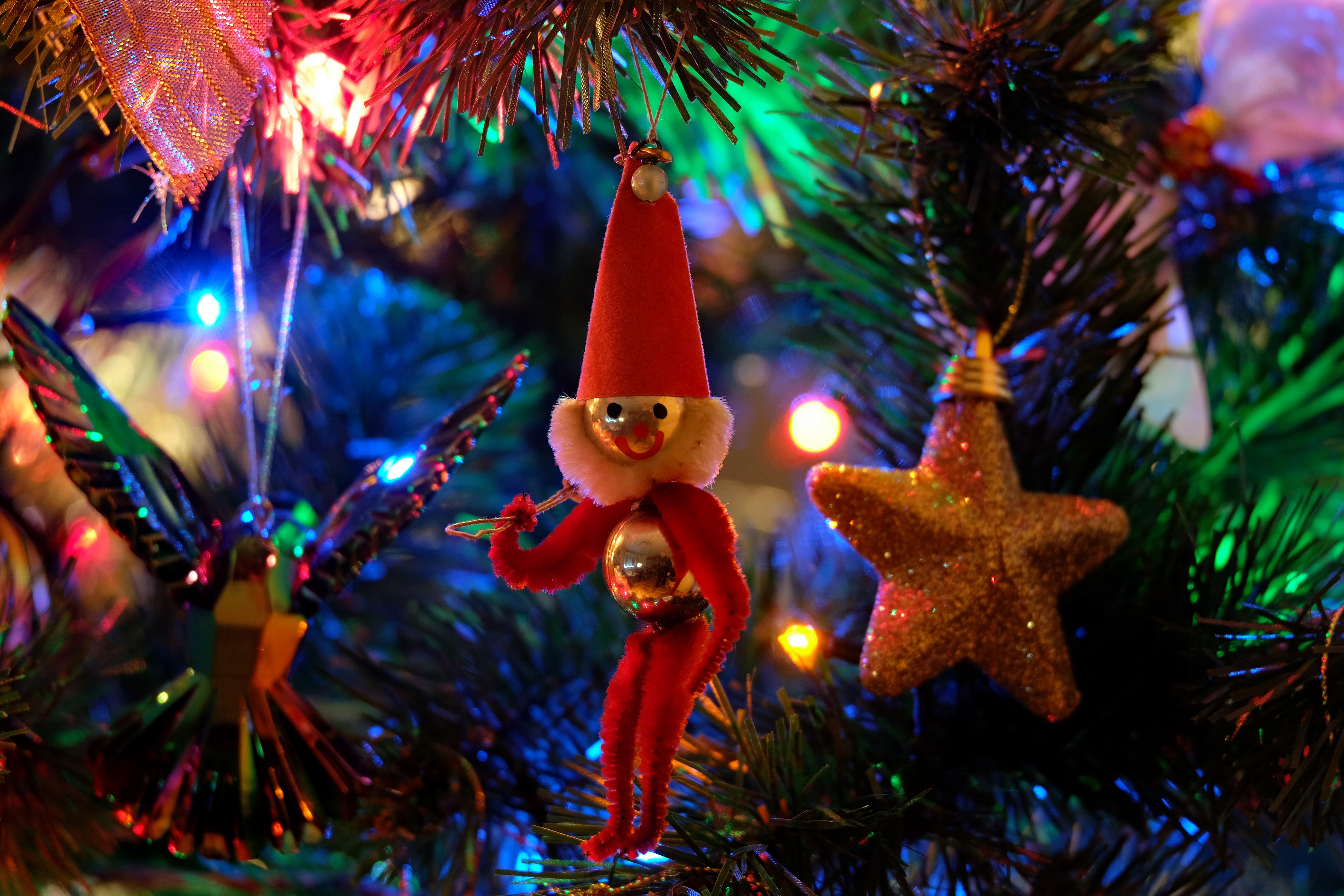 Christmas Ornaments on a Tree with Lights HD Wallpaper