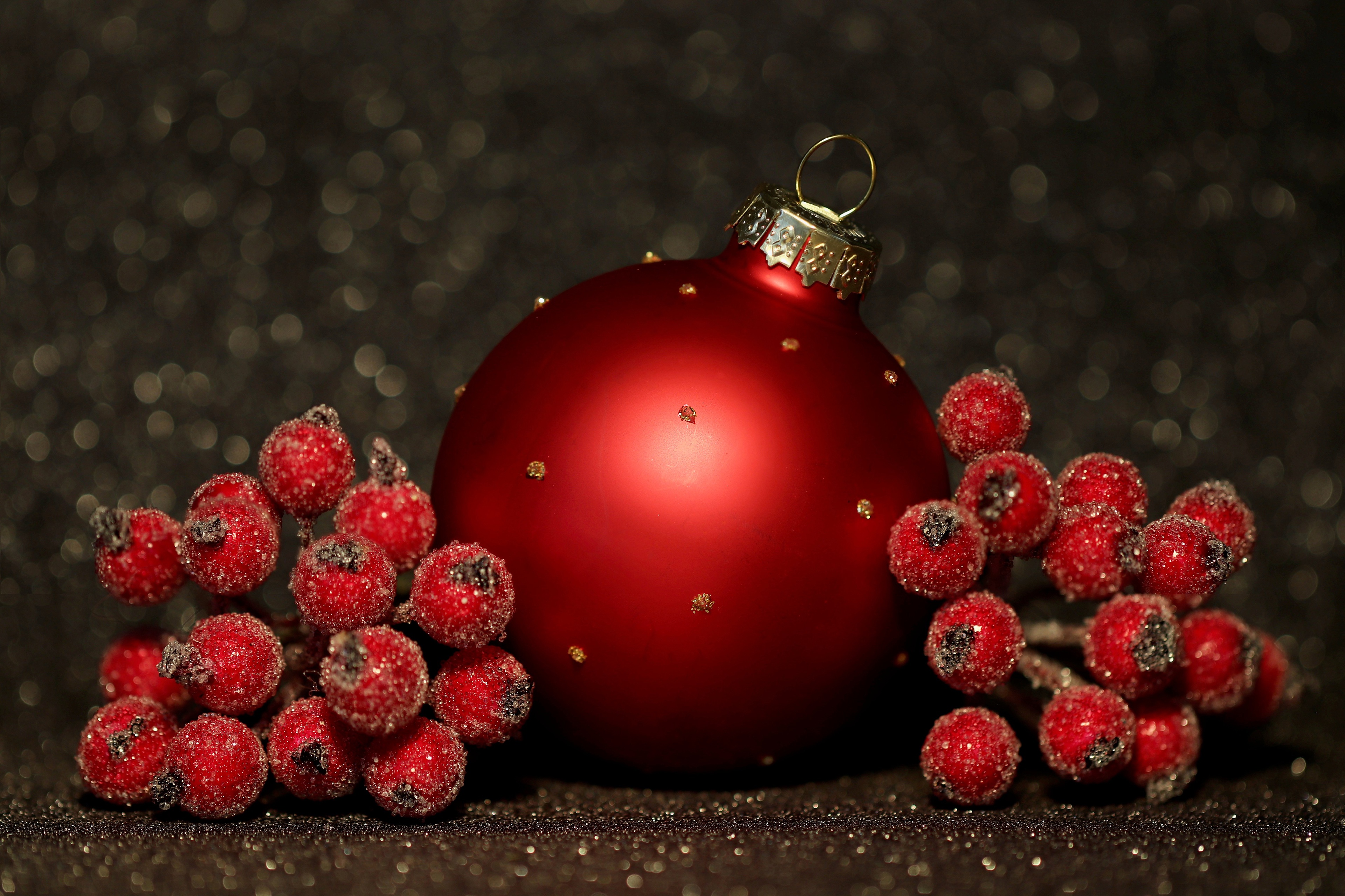 Red Christmas Ornament with Berries HD Wallpaper