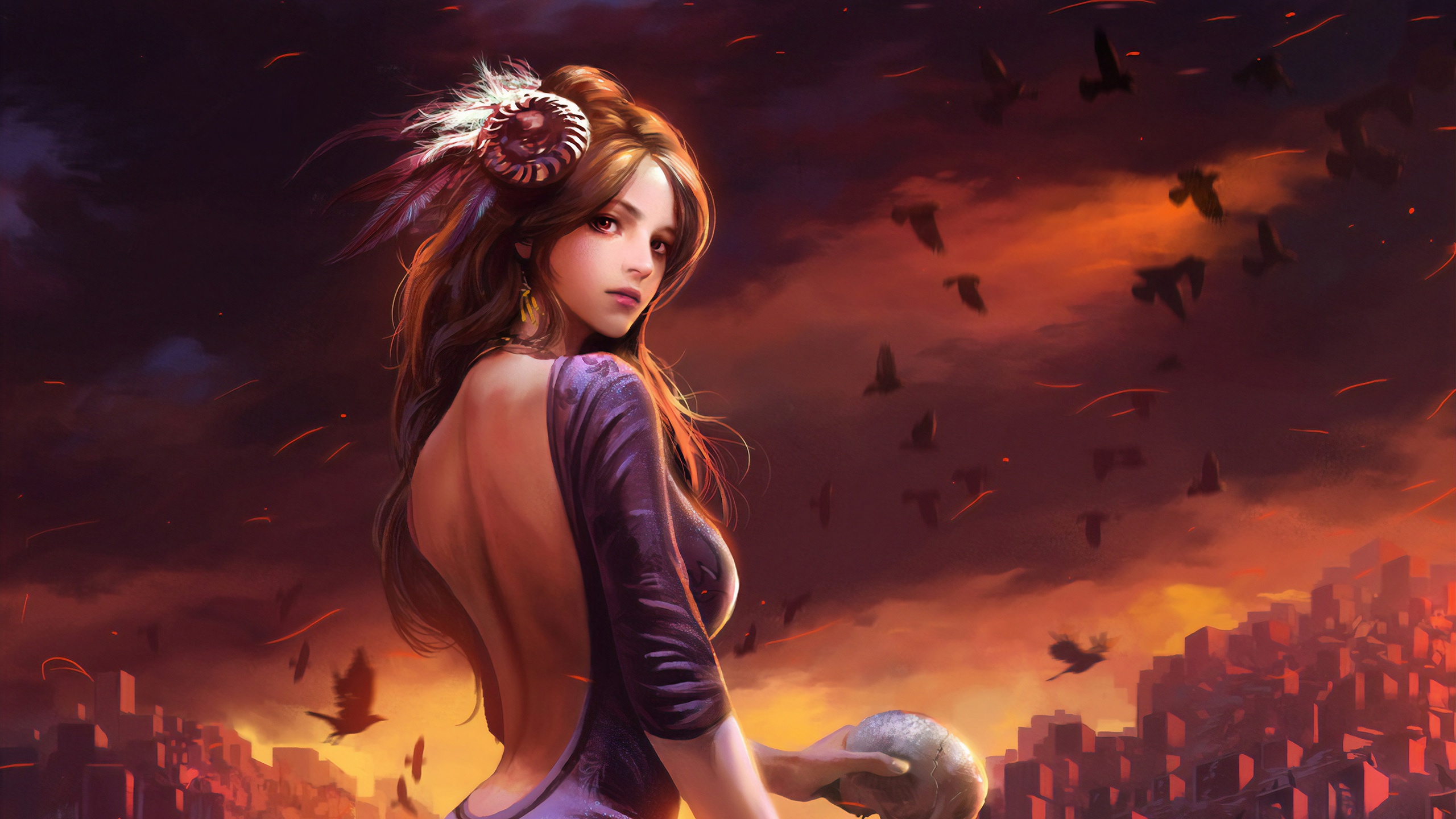 Fantasy Woman with Ram Horns and Feathers Holding Skull HD Wallpaper