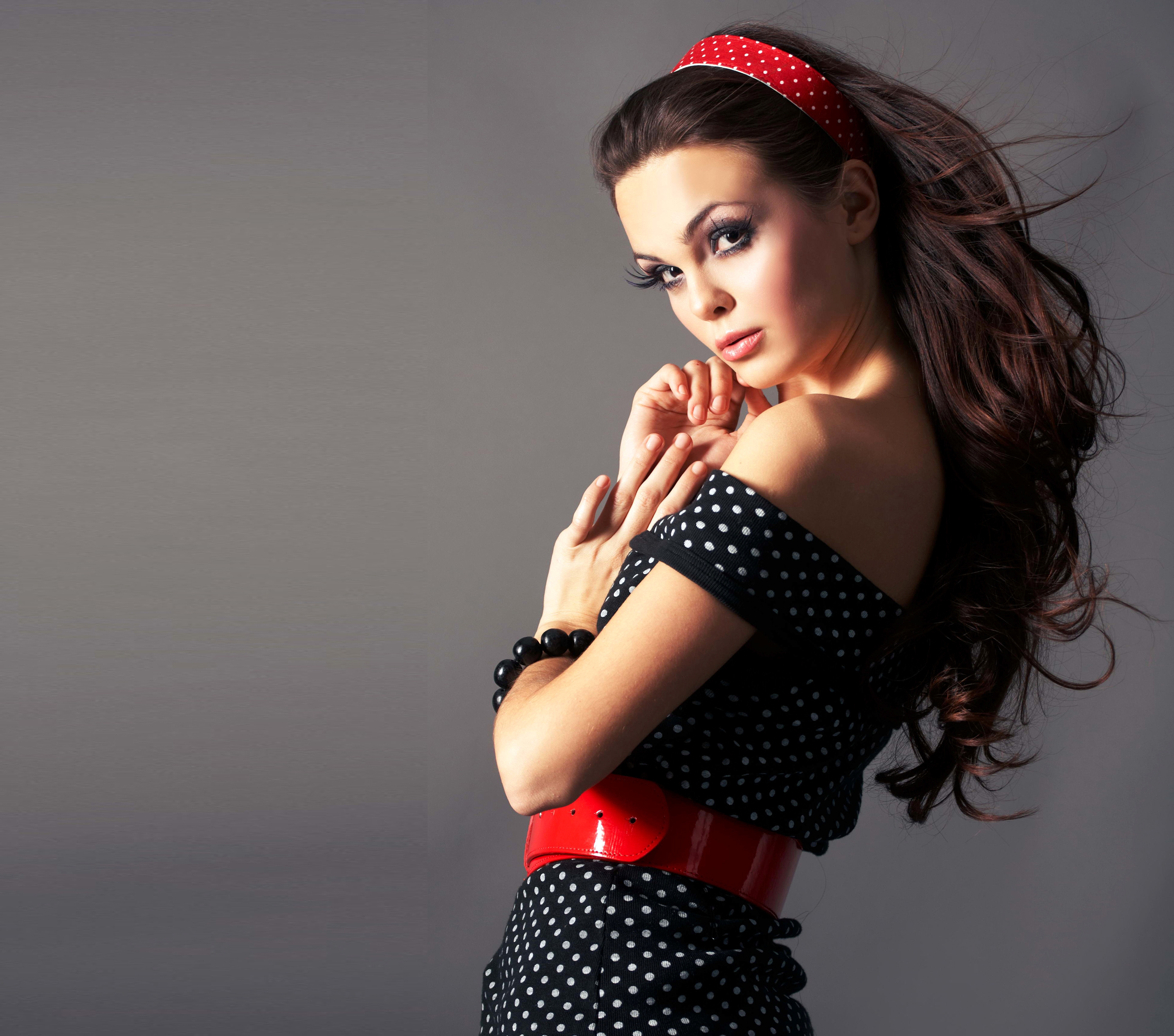 Woman with polka dot dress and red headband HD Wallpaper