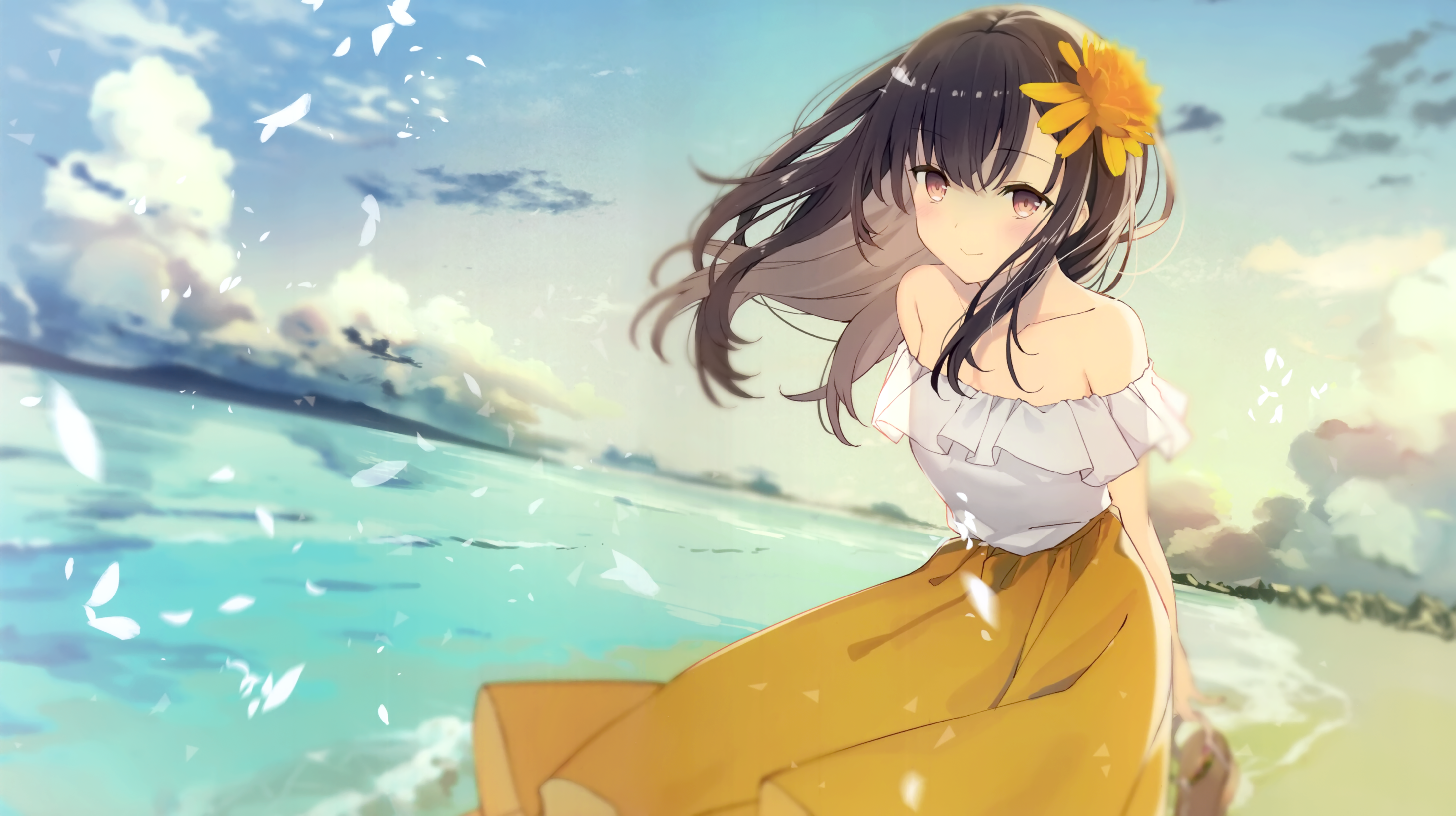 Girl with flower in hair on beach 4K HD Wallpaper