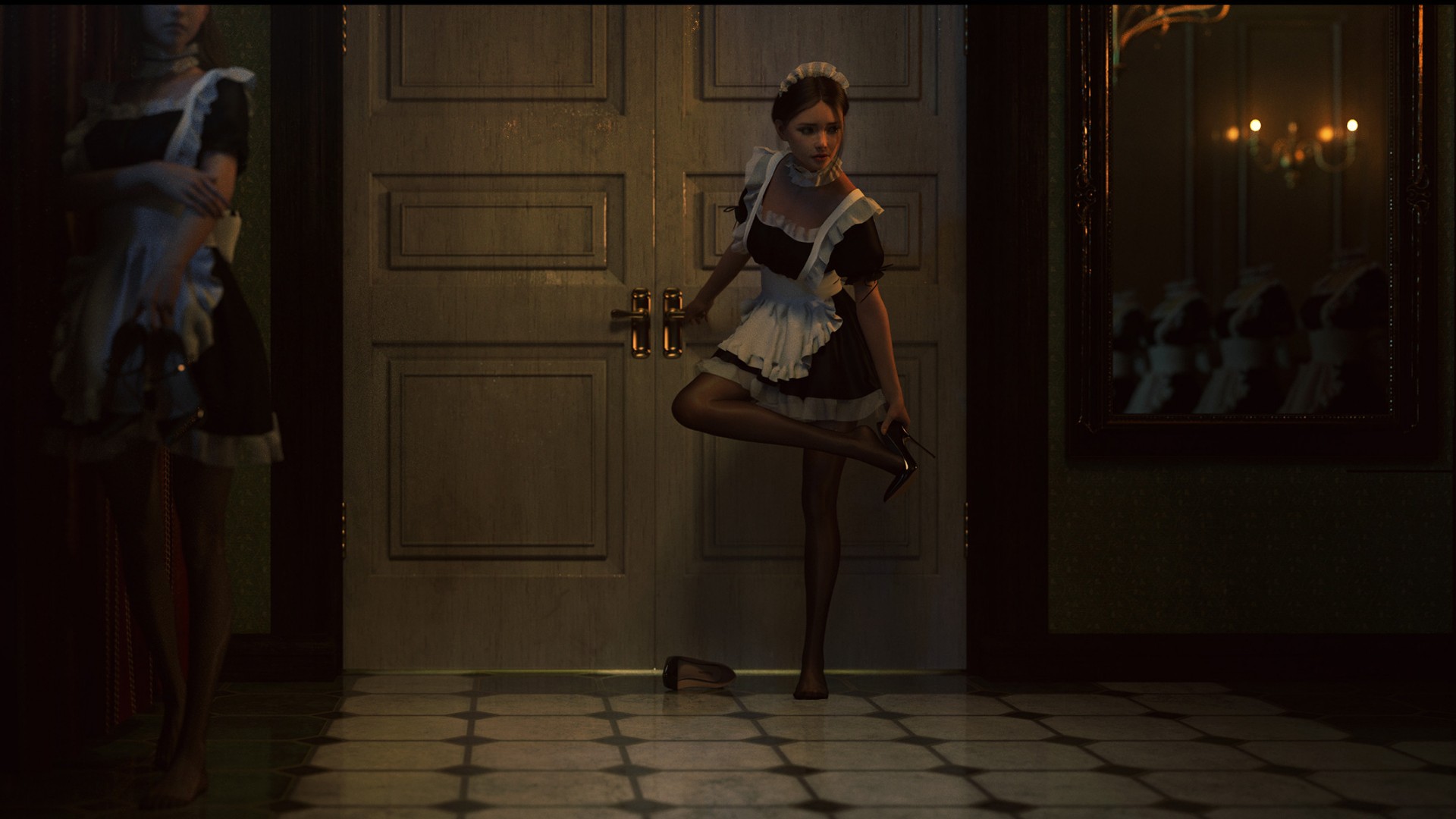 Maid outfit women in a hallway HD Wallpaper