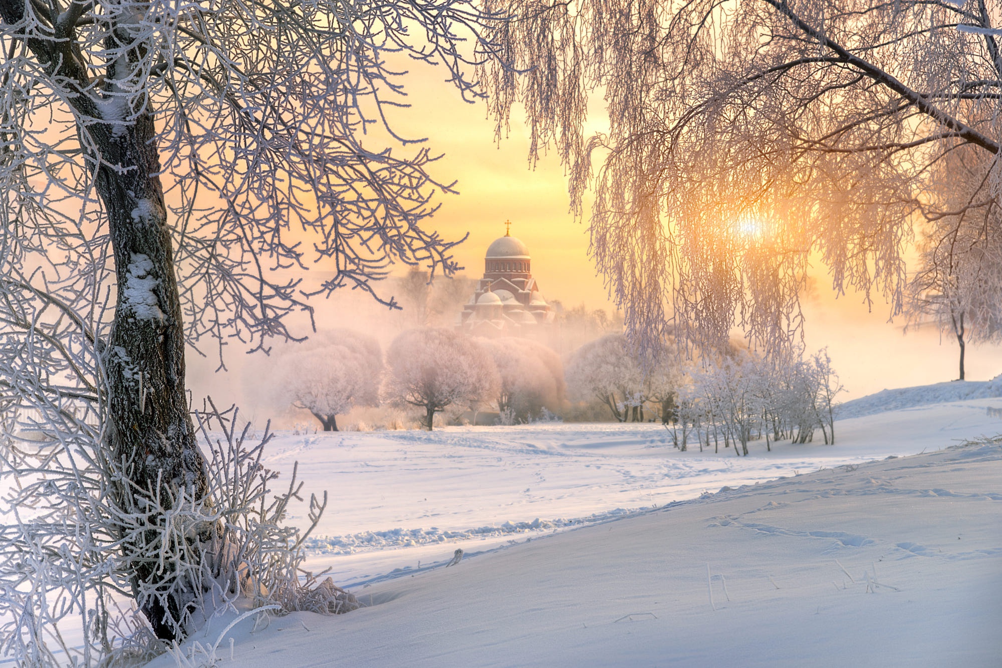 Winter park with church at dawn HD Wallpaper