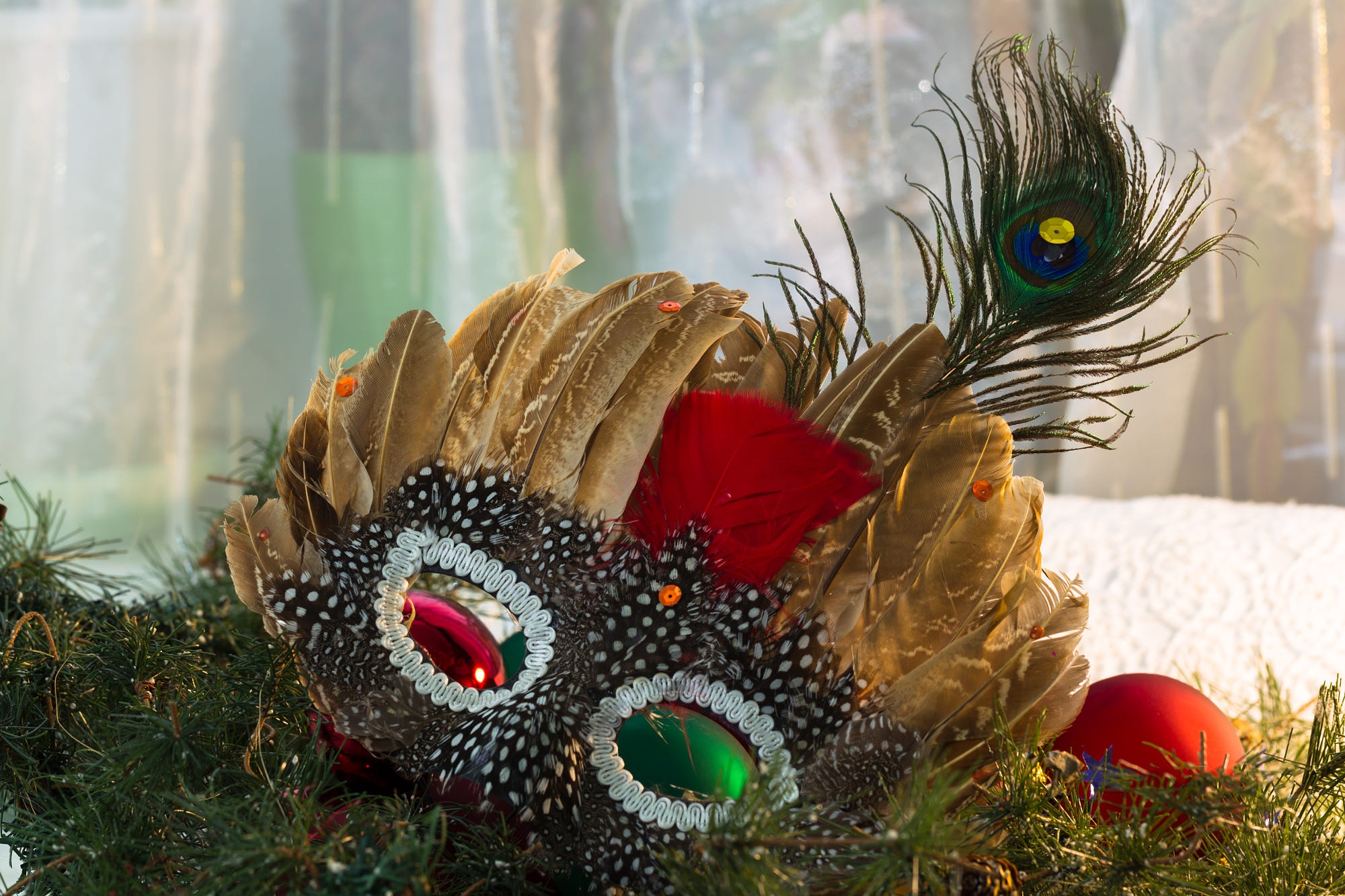 Feathered Mask with Peacock Feather and Ornaments HD Wallpaper