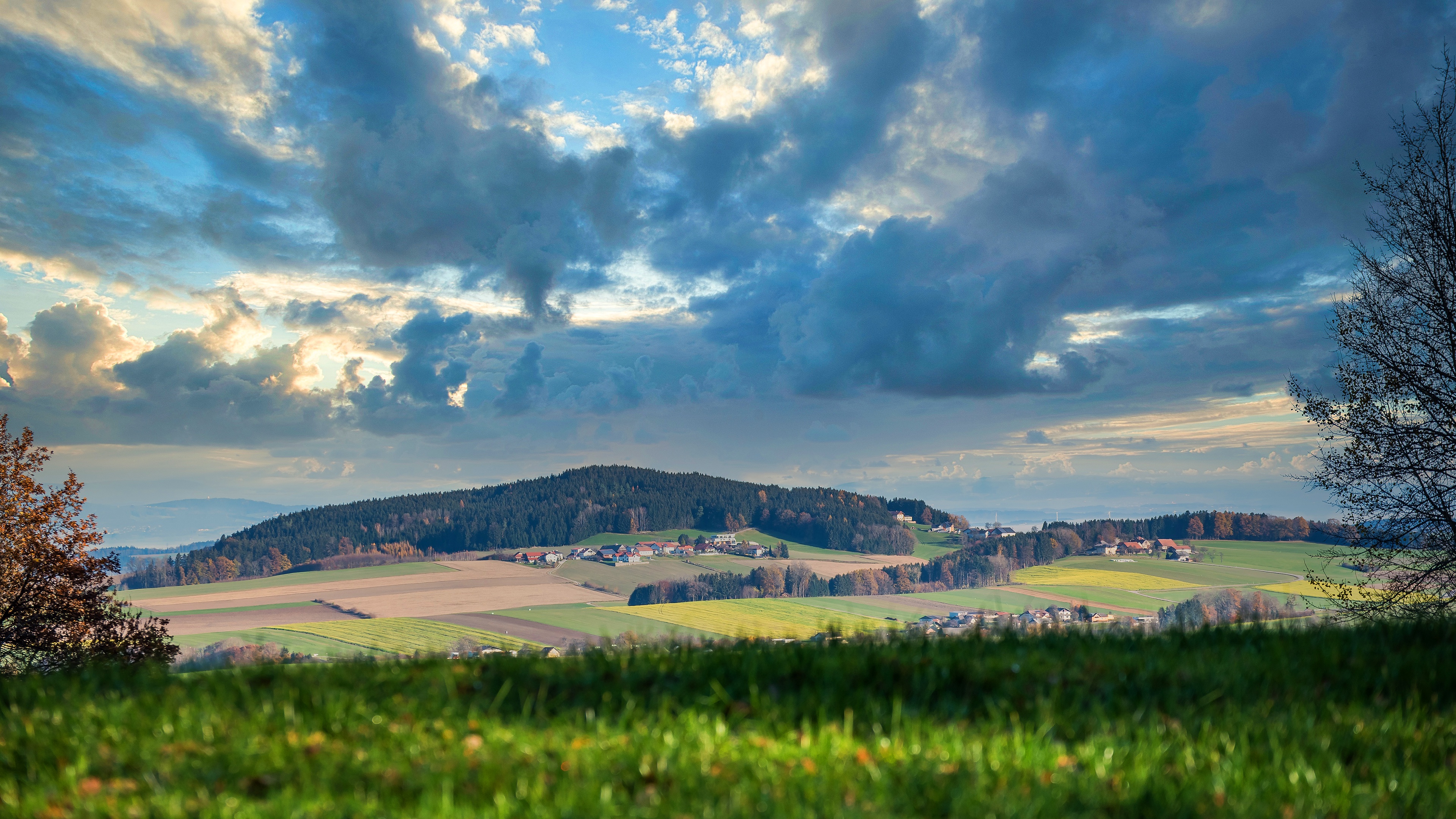 Village 4K, Hill, Field, Sky, Meadow HD Wallpaper