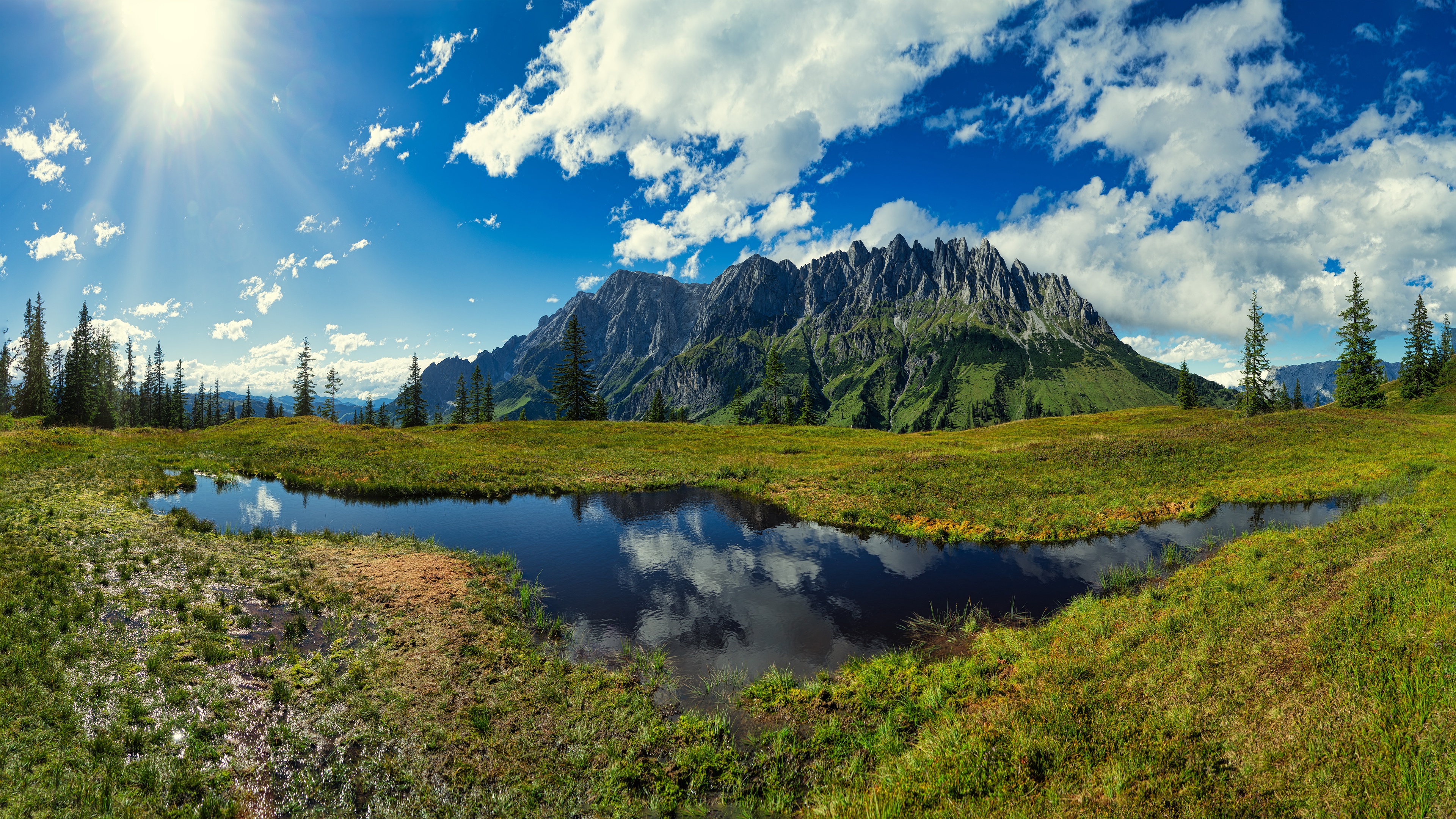 Mountain Landscape with Pond and Sunbeams 4K HD Wallpaper