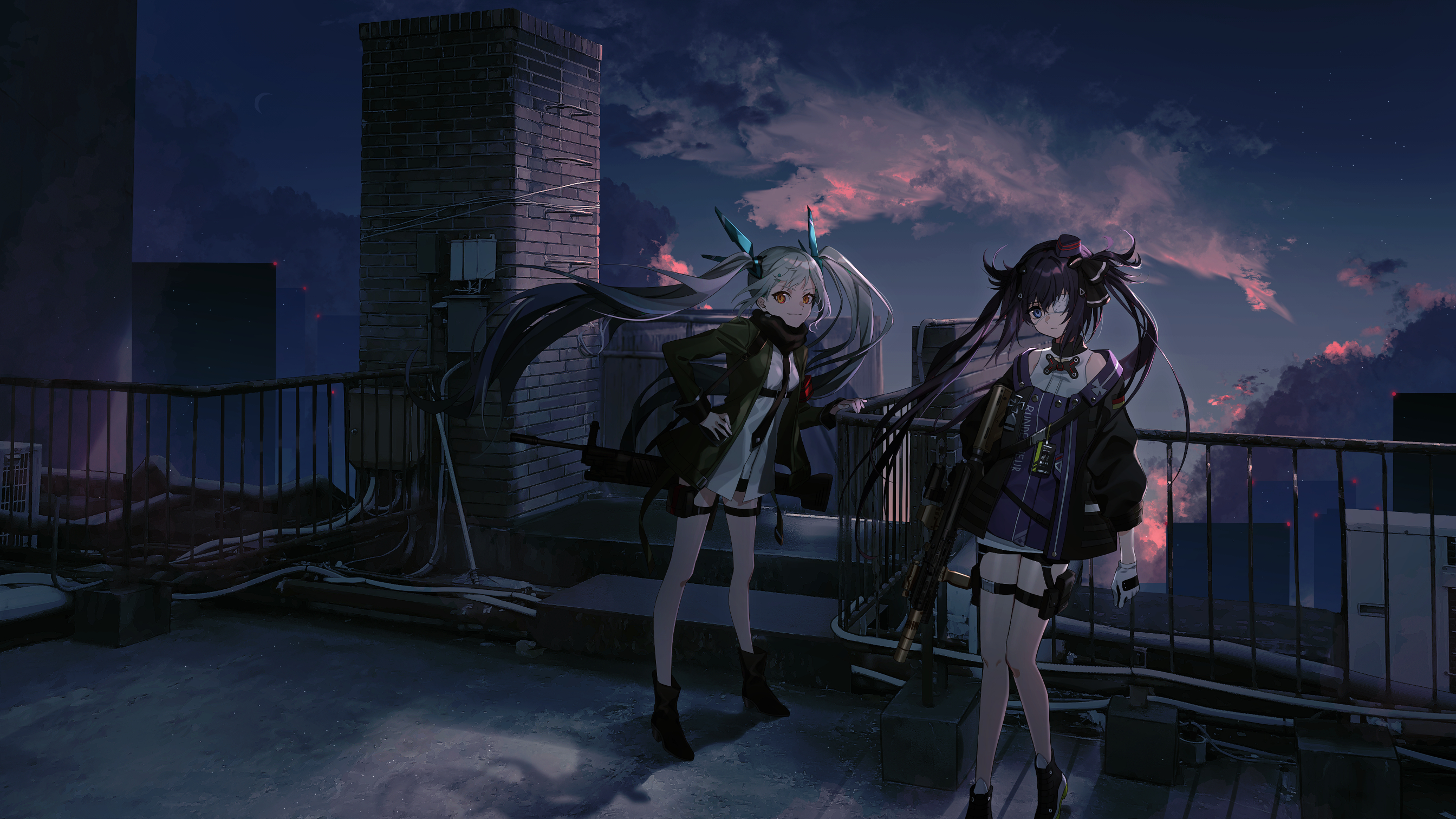 MG4 and HK416 from Girls Frontline on a rooftop HD Wallpaper